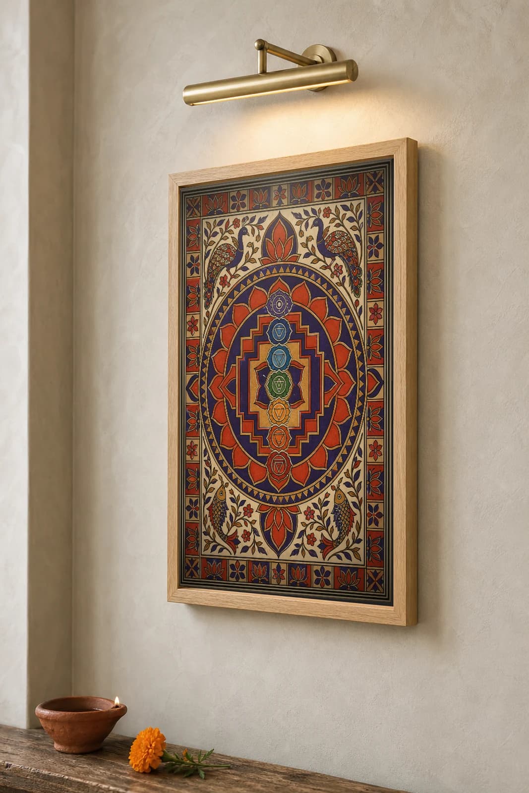 Chakra Mandala Madhubani Poster — classical Mithila folk art wall decor · framed A2 · Darbhanga, Mithila region, Bihar — the framed print shown at a three-quarter angle on a styled gallery wall in a natural-oak frame