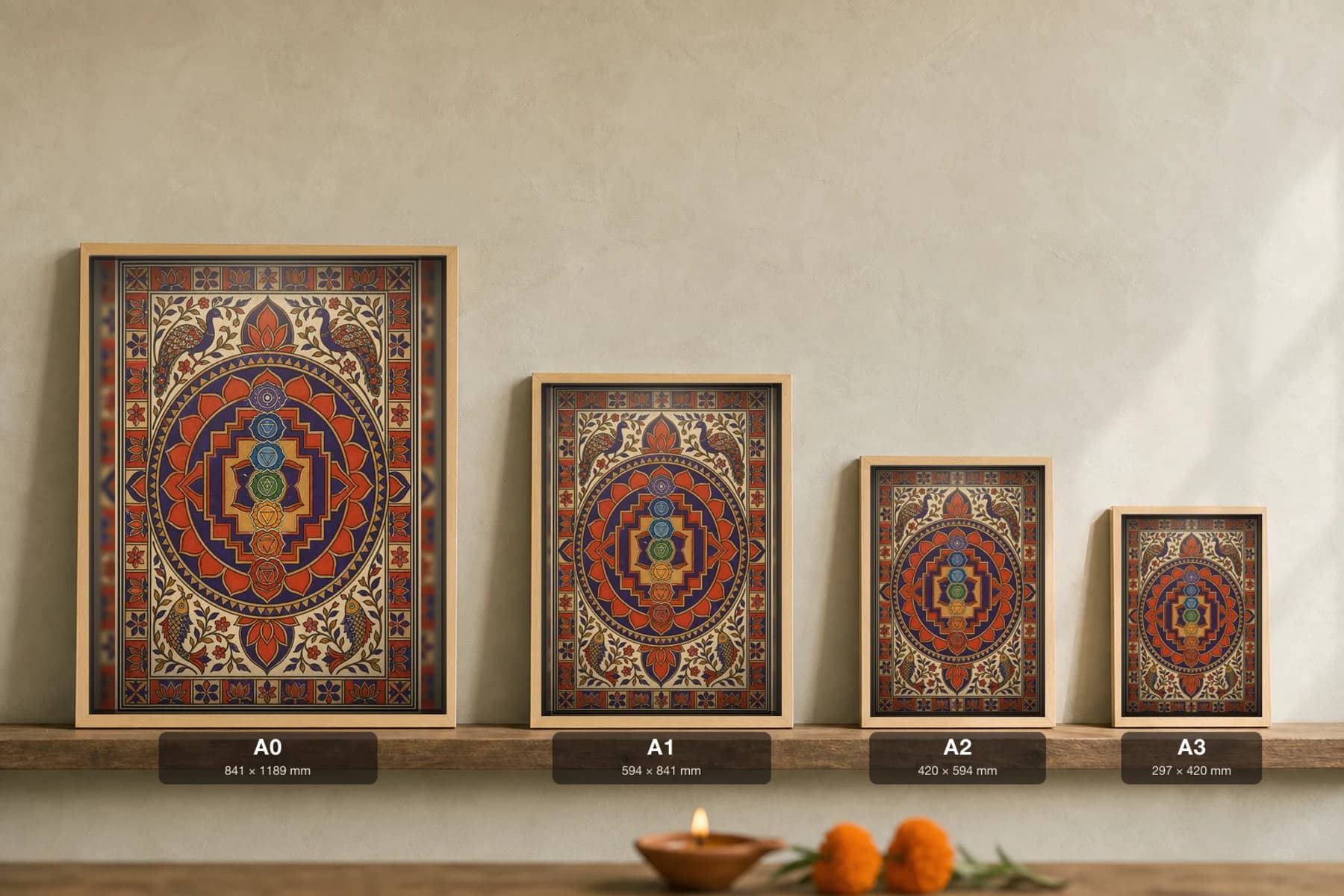 Chakra Mandala Madhubani Poster — classical Mithila folk art wall decor · framed A2 · Darbhanga, Mithila region, Bihar — print size guide showing the artwork at A0, A1, A2 and A3 in natural-oak frames at true relative scale