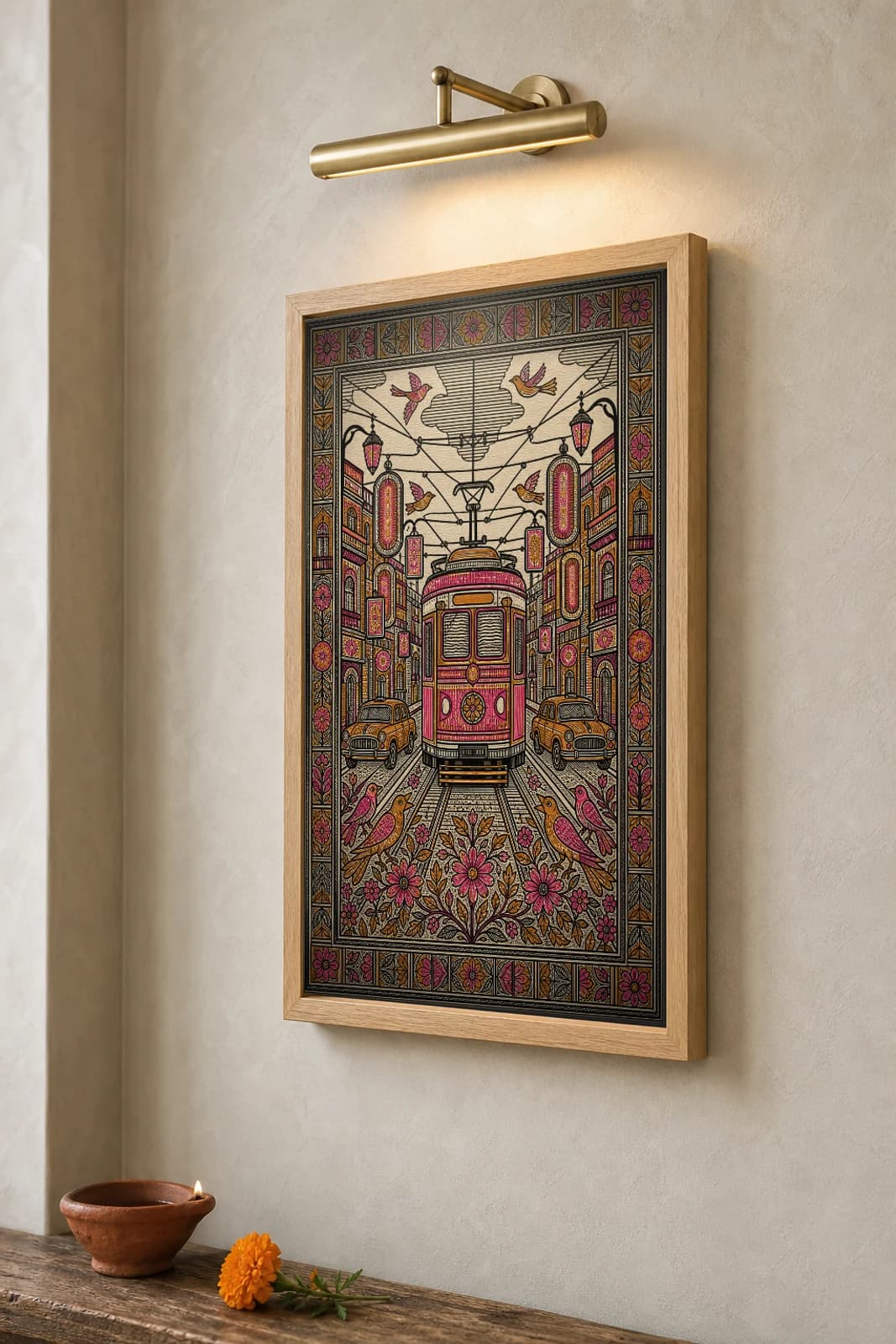 Kolkata Heritage Alley with Tram and Neon Lantern Signs Madhubani Poster — kachni Mithila folk art wall decor · framed A2 · Mithila (Bihar) grammar applied to Kolkata North Calcutta heritage street, tram corridor, and colonial shopfront neon culture — the framed print shown at a three-quarter angle on a styled gallery wall in a natural-oak frame