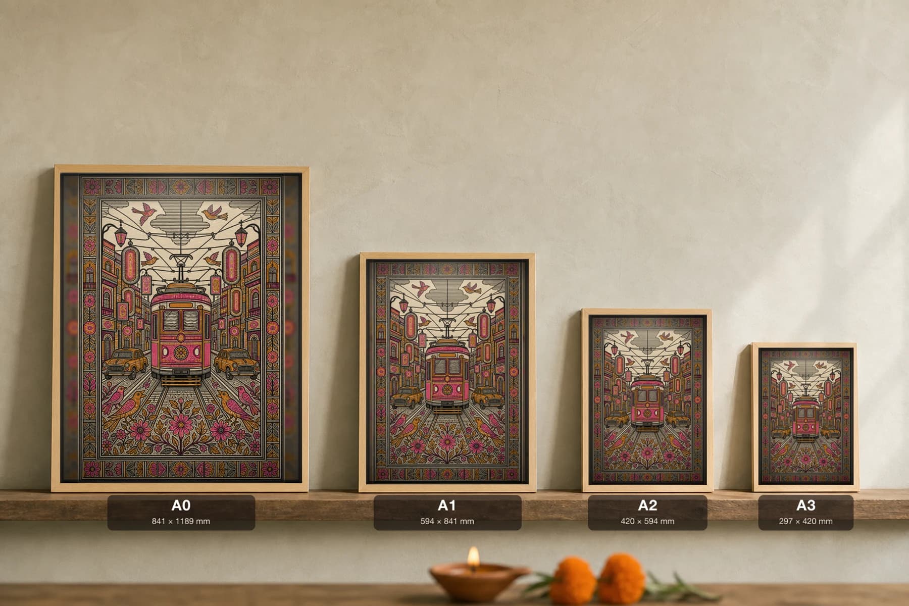 Kolkata Heritage Alley with Tram and Neon Lantern Signs Madhubani Poster — kachni Mithila folk art wall decor · framed A2 · Mithila (Bihar) grammar applied to Kolkata North Calcutta heritage street, tram corridor, and colonial shopfront neon culture — print size guide showing the artwork at A0, A1, A2 and A3 in natural-oak frames at true relative scale