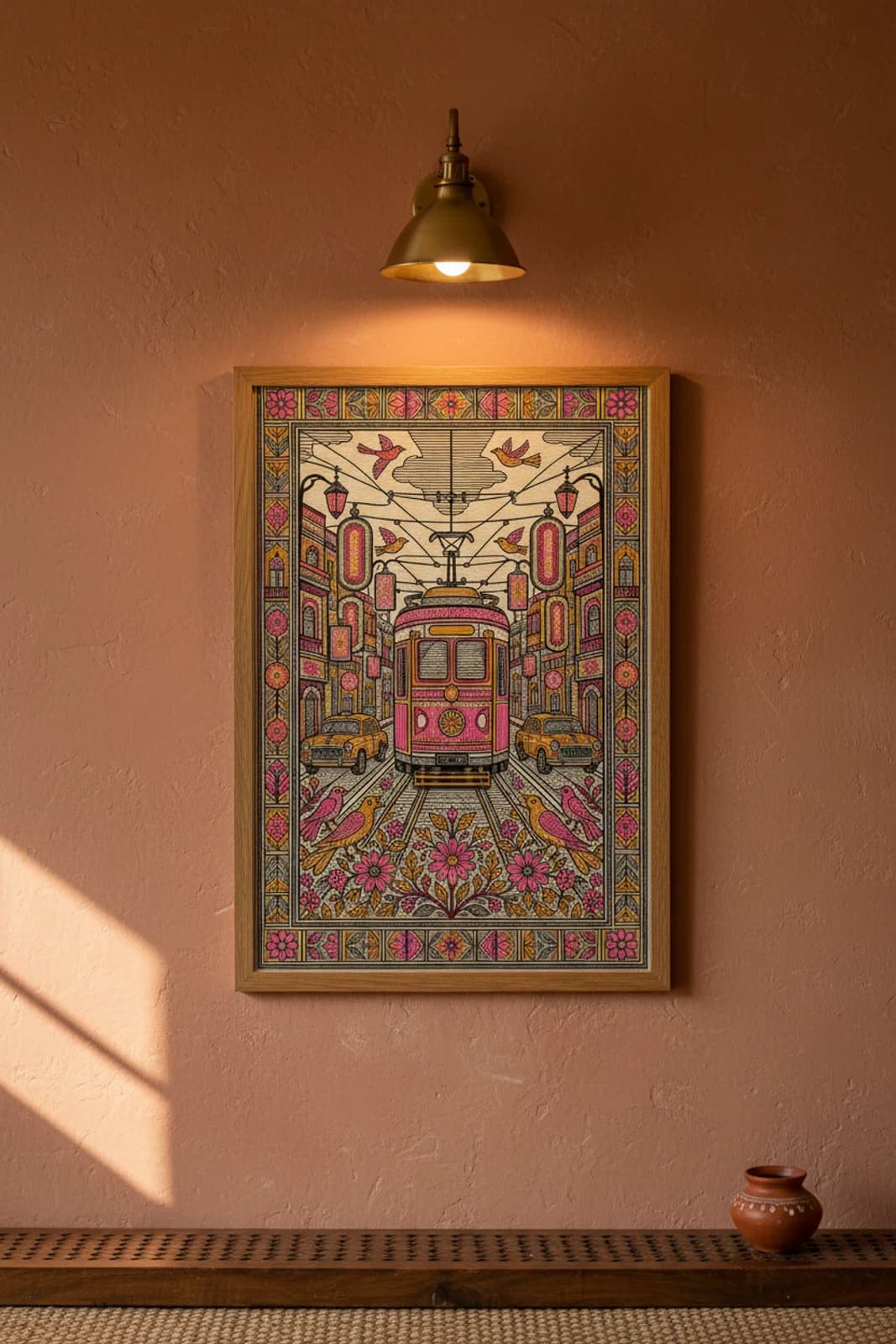 Neon Old Town Madhubani print in natural_oak A2 frame on magenta-pink terracotta limewash wall — Mithila folk art mockup