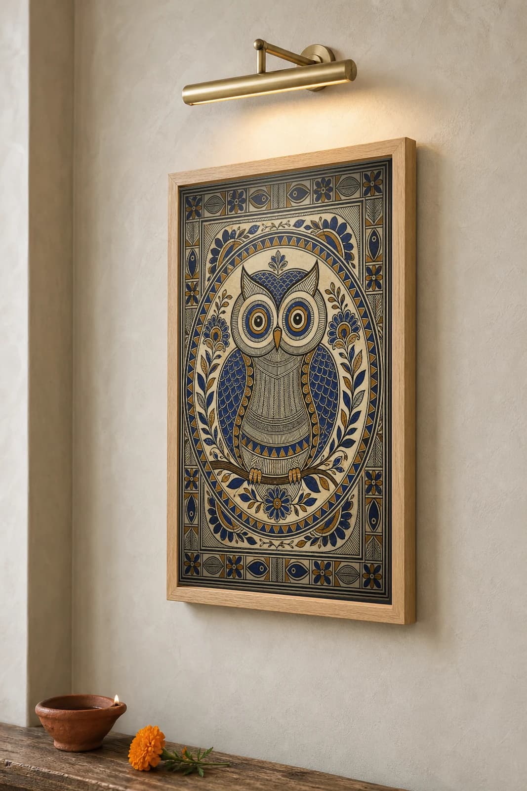 Owl of Wisdom Madhubani Poster — kachni Mithila folk art wall decor · framed A2 · Jitwarpur, Mithila, Bihar — the framed print shown at a three-quarter angle on a styled gallery wall in a natural-oak frame