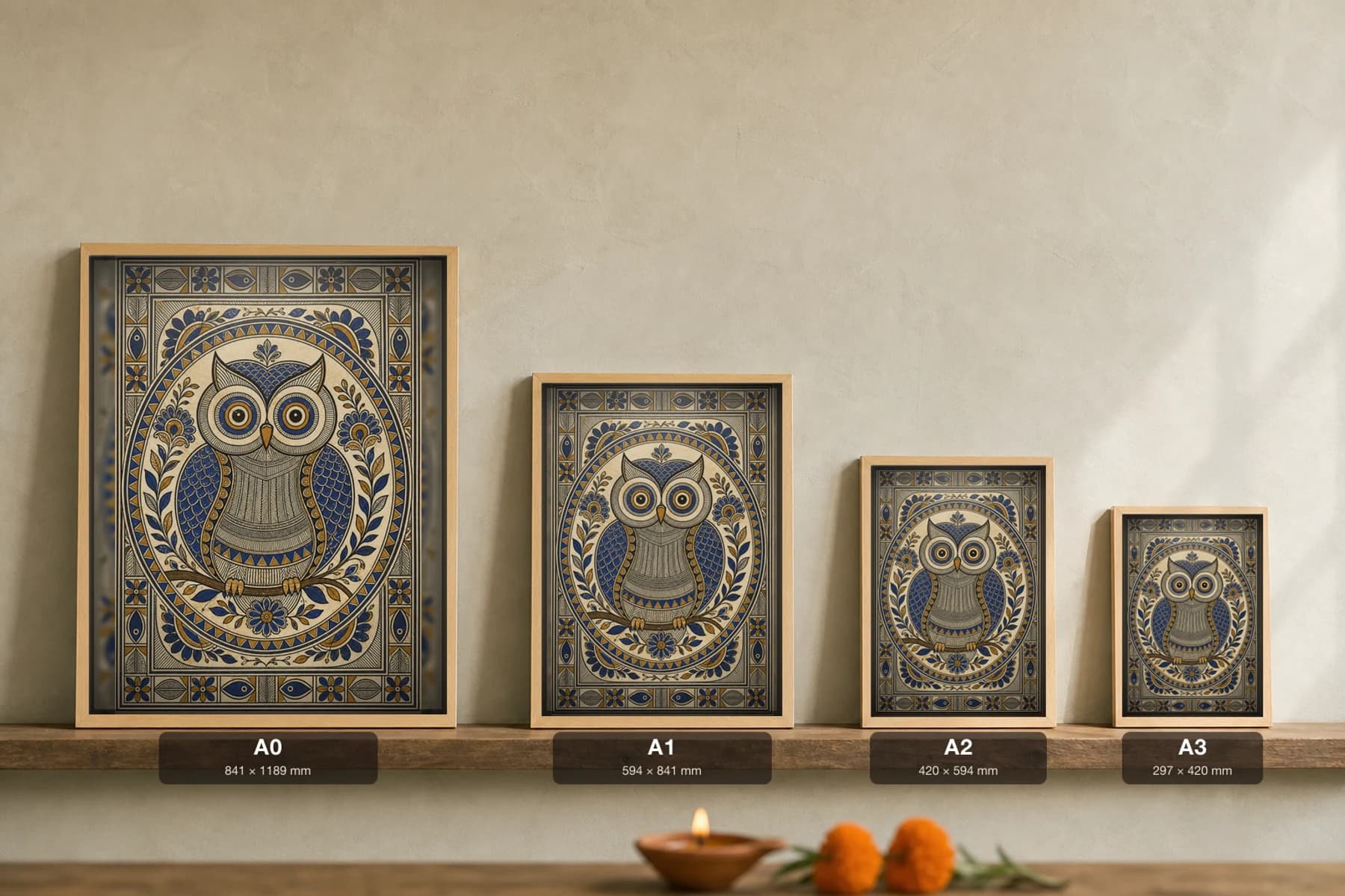 Owl of Wisdom Madhubani Poster — kachni Mithila folk art wall decor · framed A2 · Jitwarpur, Mithila, Bihar — print size guide showing the artwork at A0, A1, A2 and A3 in natural-oak frames at true relative scale