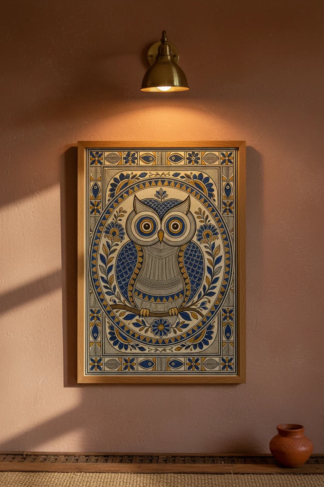 Owl Wisdom Minimal Madhubani print in natural_oak A2 frame on lamp-black terracotta limewash wall — Mithila folk art mockup
