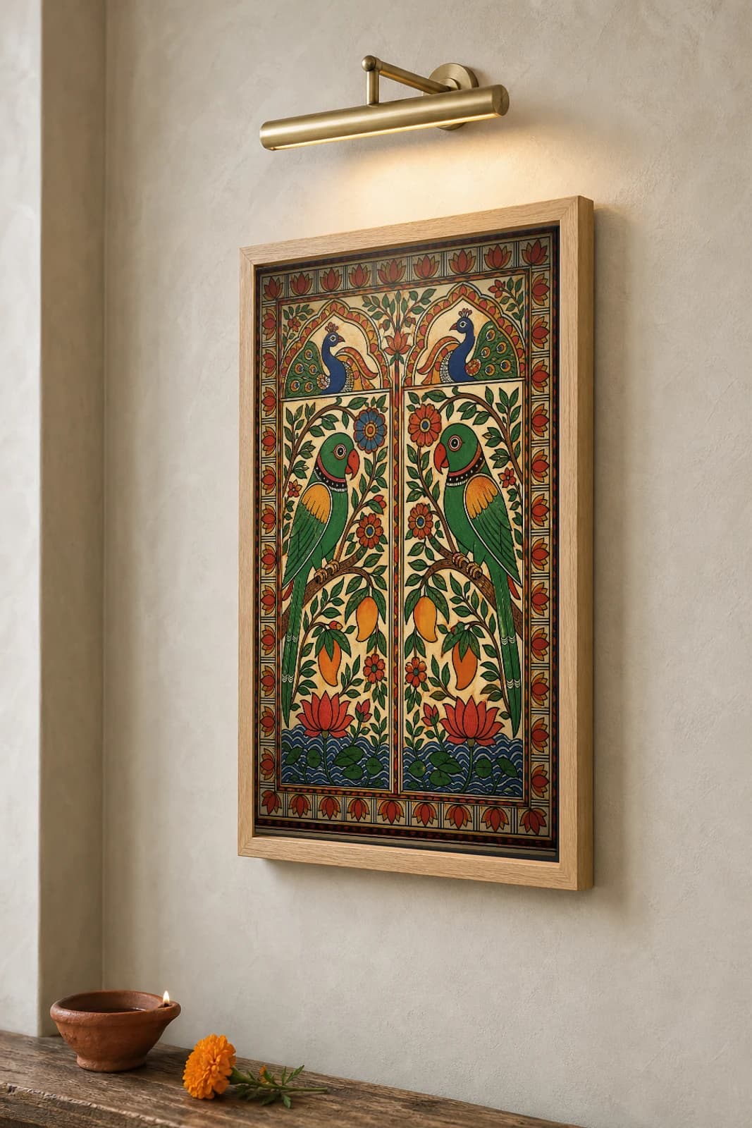 Parrot Garden Madhubani Poster — bharni Mithila folk art wall decor · framed A2 · Jitwarpur, Mithila, Bihar — the framed print shown at a three-quarter angle on a styled gallery wall in a natural-oak frame