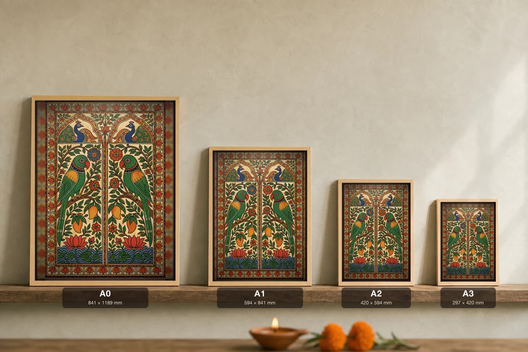 Parrot Garden Madhubani Poster — bharni Mithila folk art wall decor · framed A2 · Jitwarpur, Mithila, Bihar — print size guide showing the artwork at A0, A1, A2 and A3 in natural-oak frames at true relative scale