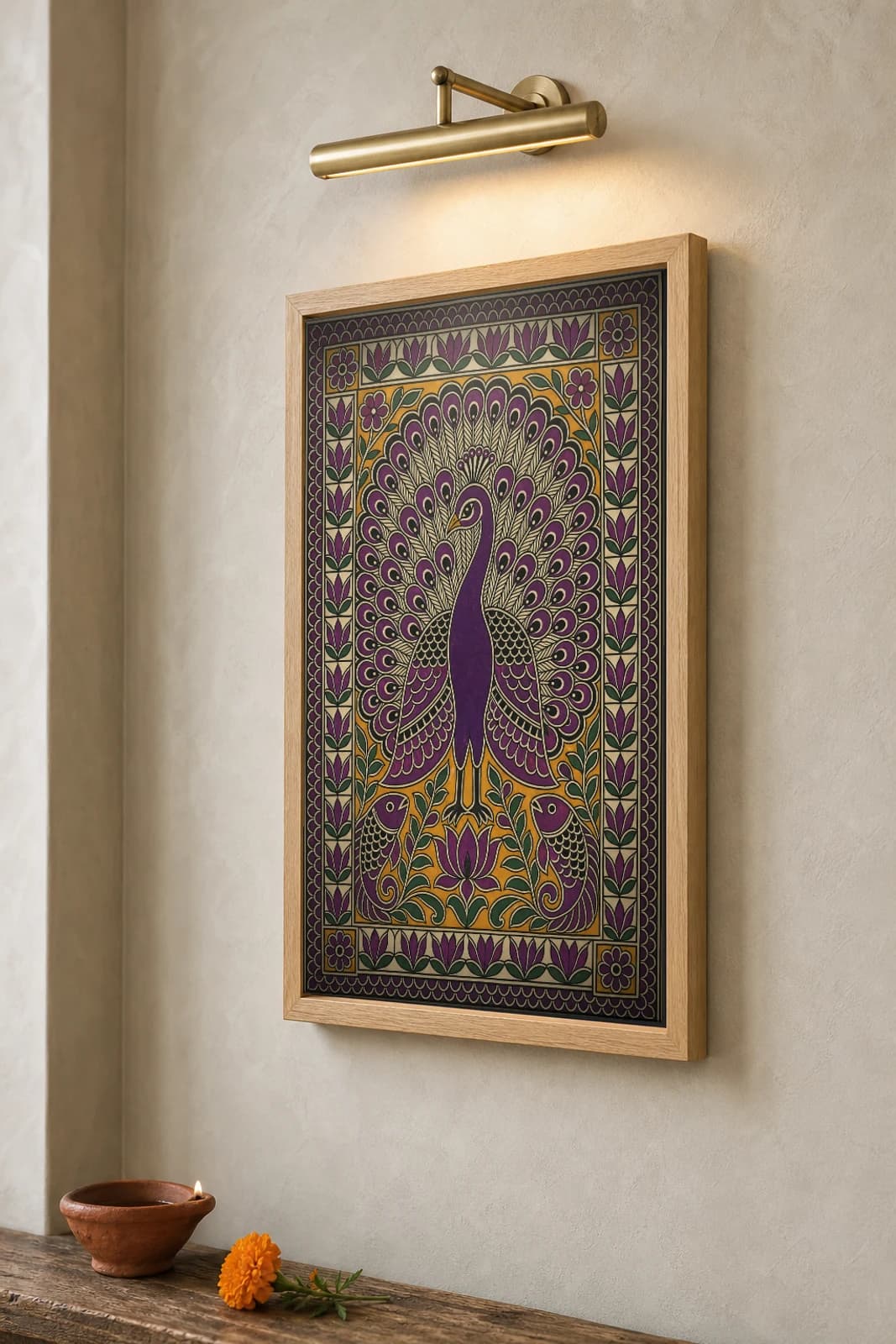 Peacock Garden Madhubani Poster — bharni Mithila folk art wall decor · framed A2 · Jitwarpur, Mithila, Bihar — the framed print shown at a three-quarter angle on a styled gallery wall in a natural-oak frame