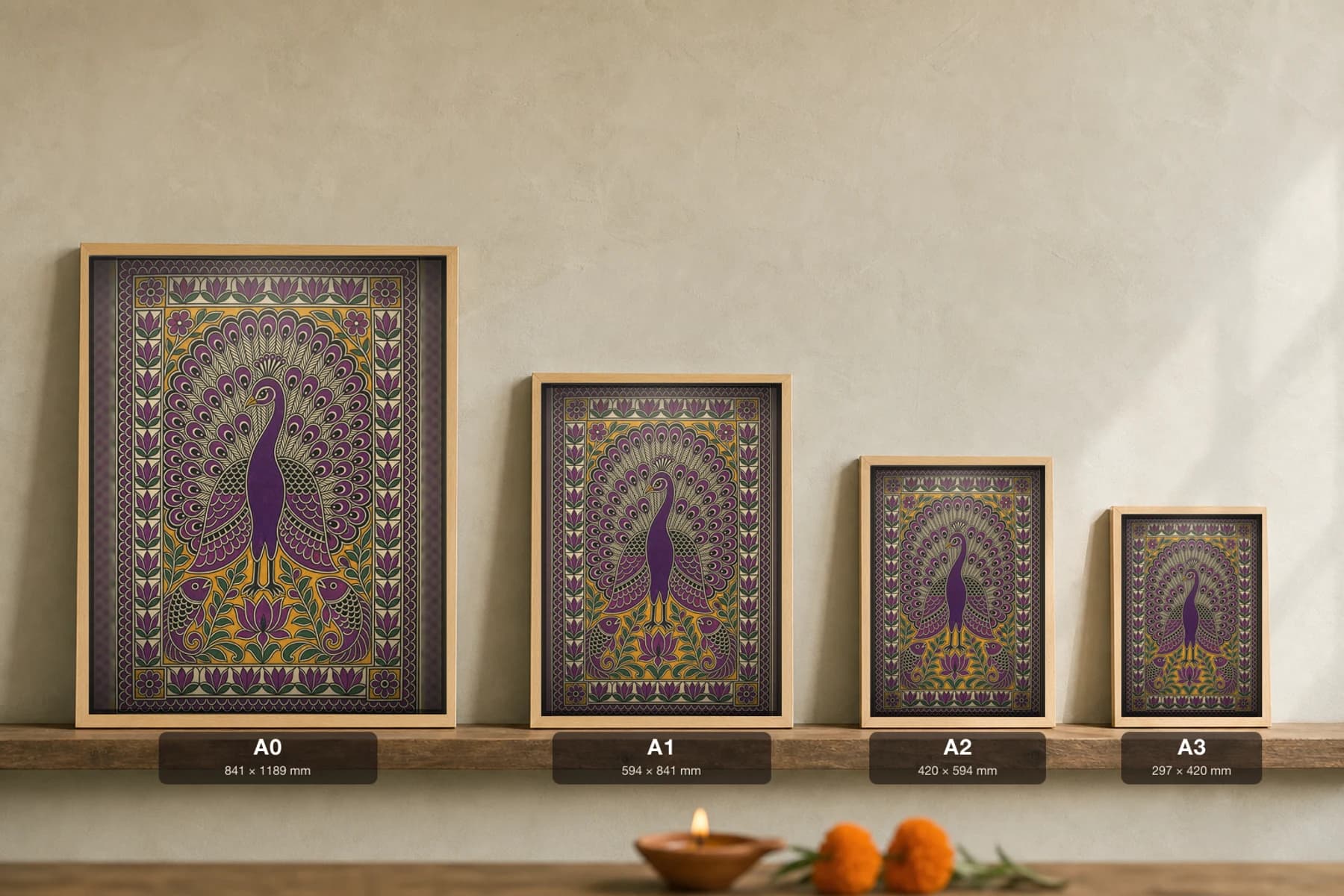 Peacock Garden Madhubani Poster — bharni Mithila folk art wall decor · framed A2 · Jitwarpur, Mithila, Bihar — print size guide showing the artwork at A0, A1, A2 and A3 in natural-oak frames at true relative scale