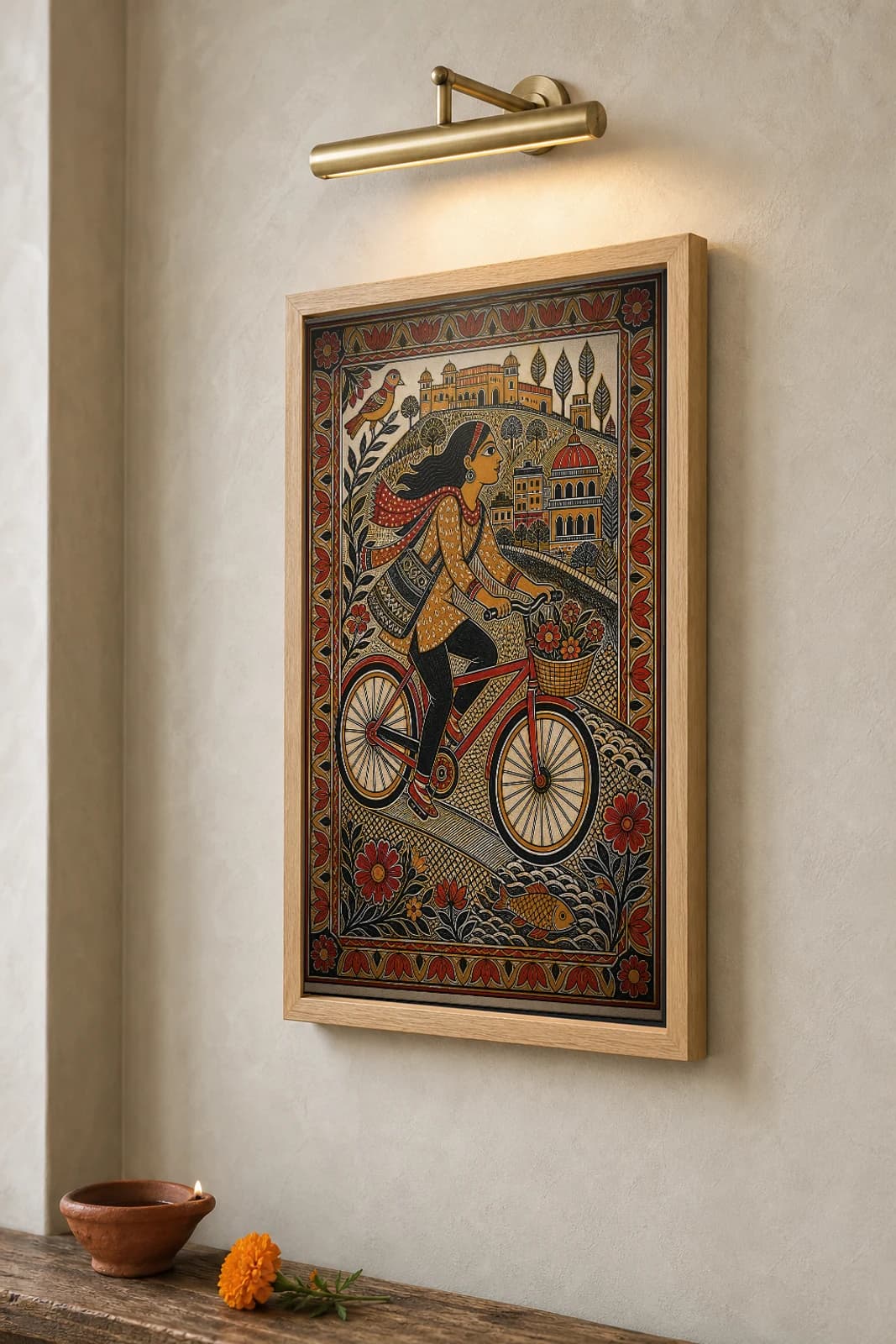 Pune Cycle Madhubani Poster — bharni Mithila folk art wall decor · framed A2 · Pune, Maharashtra — the framed print shown at a three-quarter angle on a styled gallery wall in a natural-oak frame