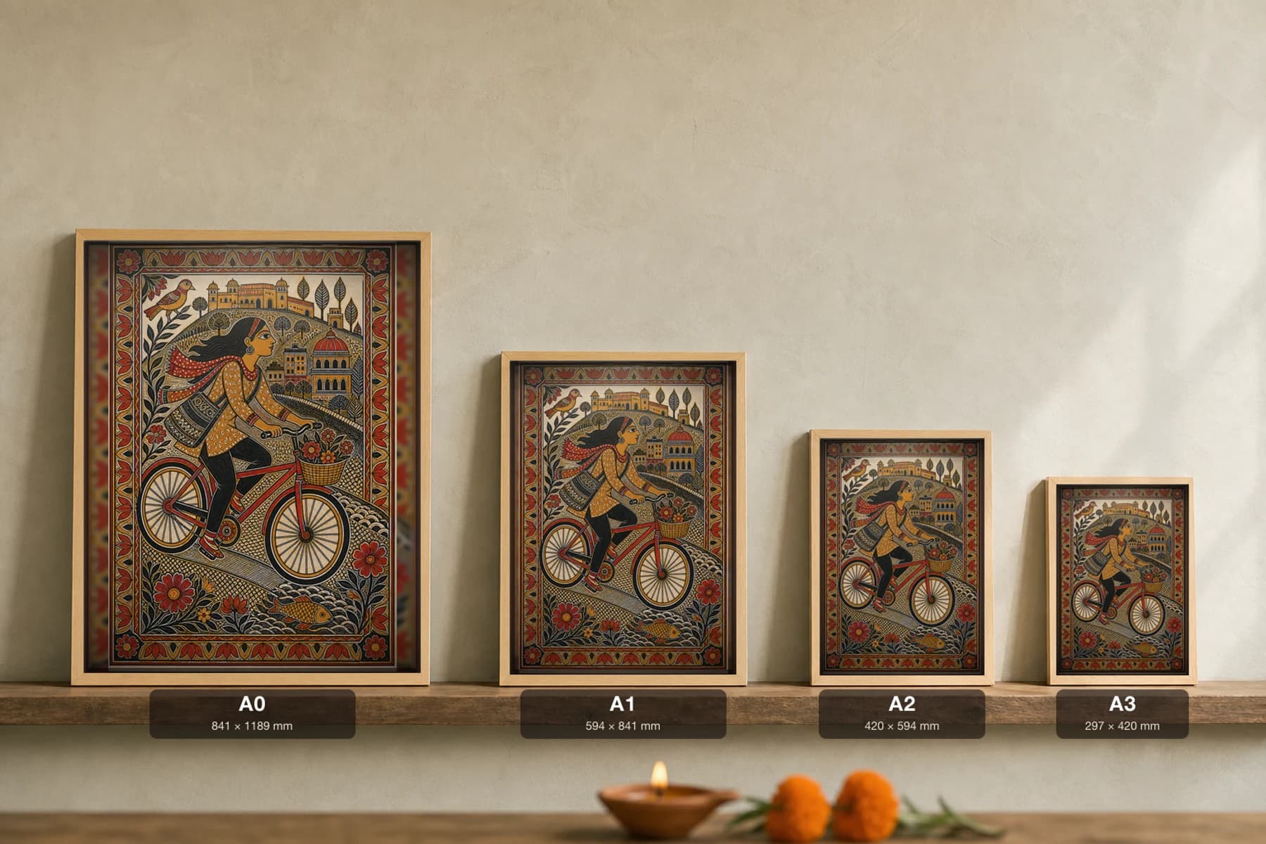 Pune Cycle Madhubani Poster — bharni Mithila folk art wall decor · framed A2 · Pune, Maharashtra — print size guide showing the artwork at A0, A1, A2 and A3 in natural-oak frames at true relative scale