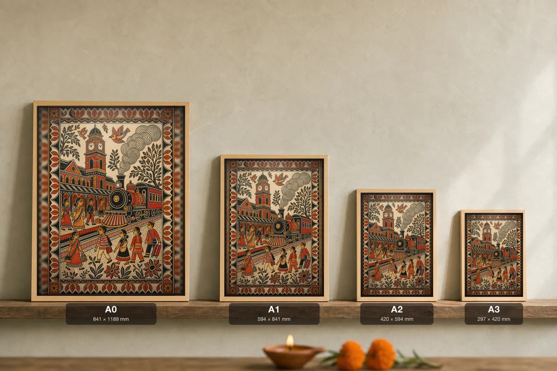 Kanpur Railway Station Clock Tower Heritage Madhubani Poster — bharni Mithila folk art wall decor · framed A2 · Mithila (Bihar) grammar applied to Kanpur railway heritage, North Indian platform commute, and Indian Railways station architecture — print size guide showing the artwork at A0, A1, A2 and A3 in natural-oak frames at true relative scale