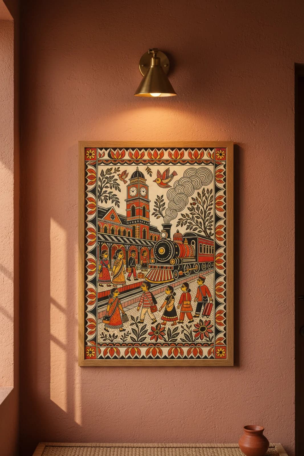 Railway Station Madhubani print in natural_oak A2 frame on vermillion-terracotta terracotta limewash wall — Mithila folk art mockup