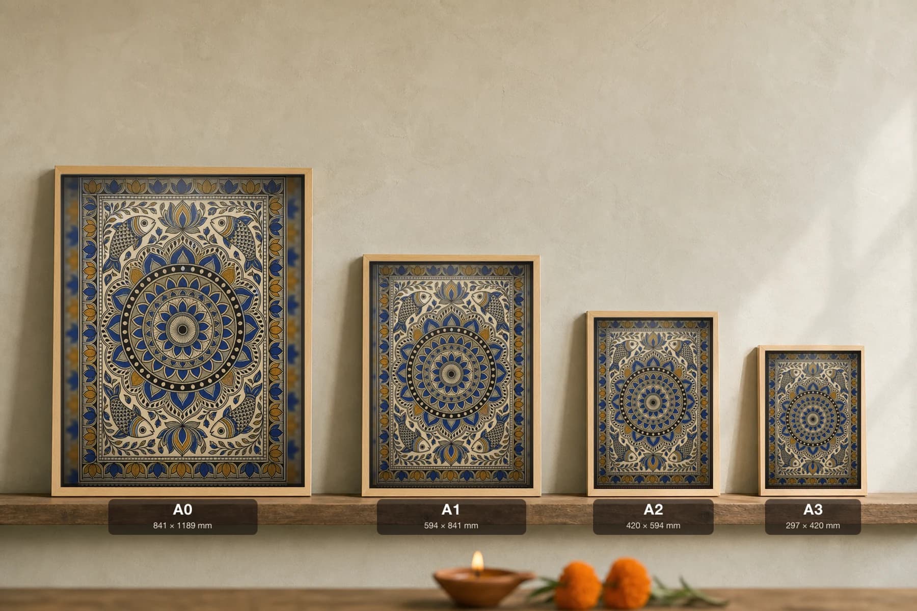 Rangoli Border Madhubani Poster — bharni Mithila folk art wall decor · framed A2 · Mithila, Bihar — print size guide showing the artwork at A0, A1, A2 and A3 in natural-oak frames at true relative scale