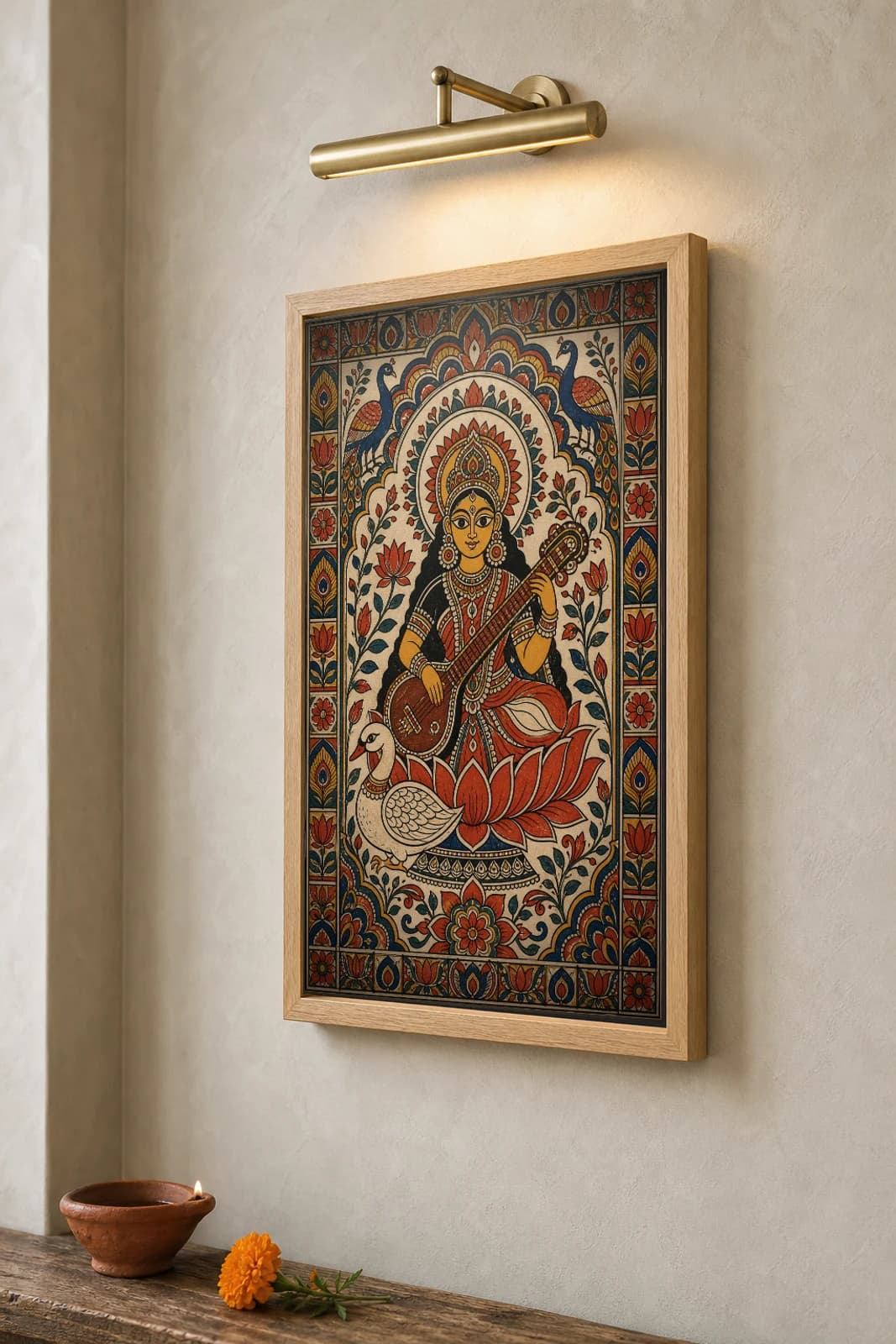 Saraswati Veena Madhubani Poster — bharni Mithila folk art wall decor · framed A2 · Ranti, Mithila, Bihar — the framed print shown at a three-quarter angle on a styled gallery wall in a natural-oak frame