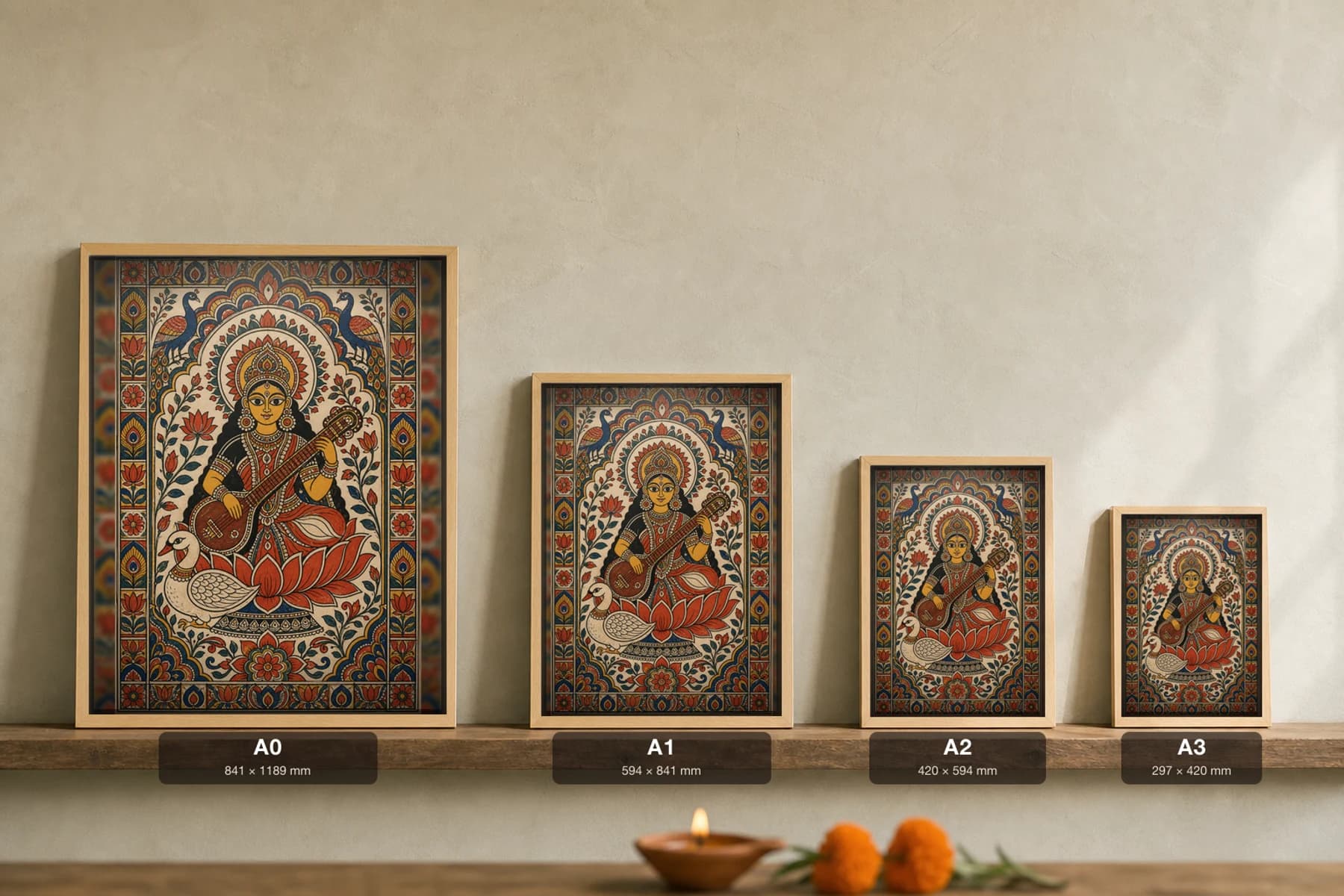 Saraswati Veena Madhubani Poster — bharni Mithila folk art wall decor · framed A2 · Ranti, Mithila, Bihar — print size guide showing the artwork at A0, A1, A2 and A3 in natural-oak frames at true relative scale
