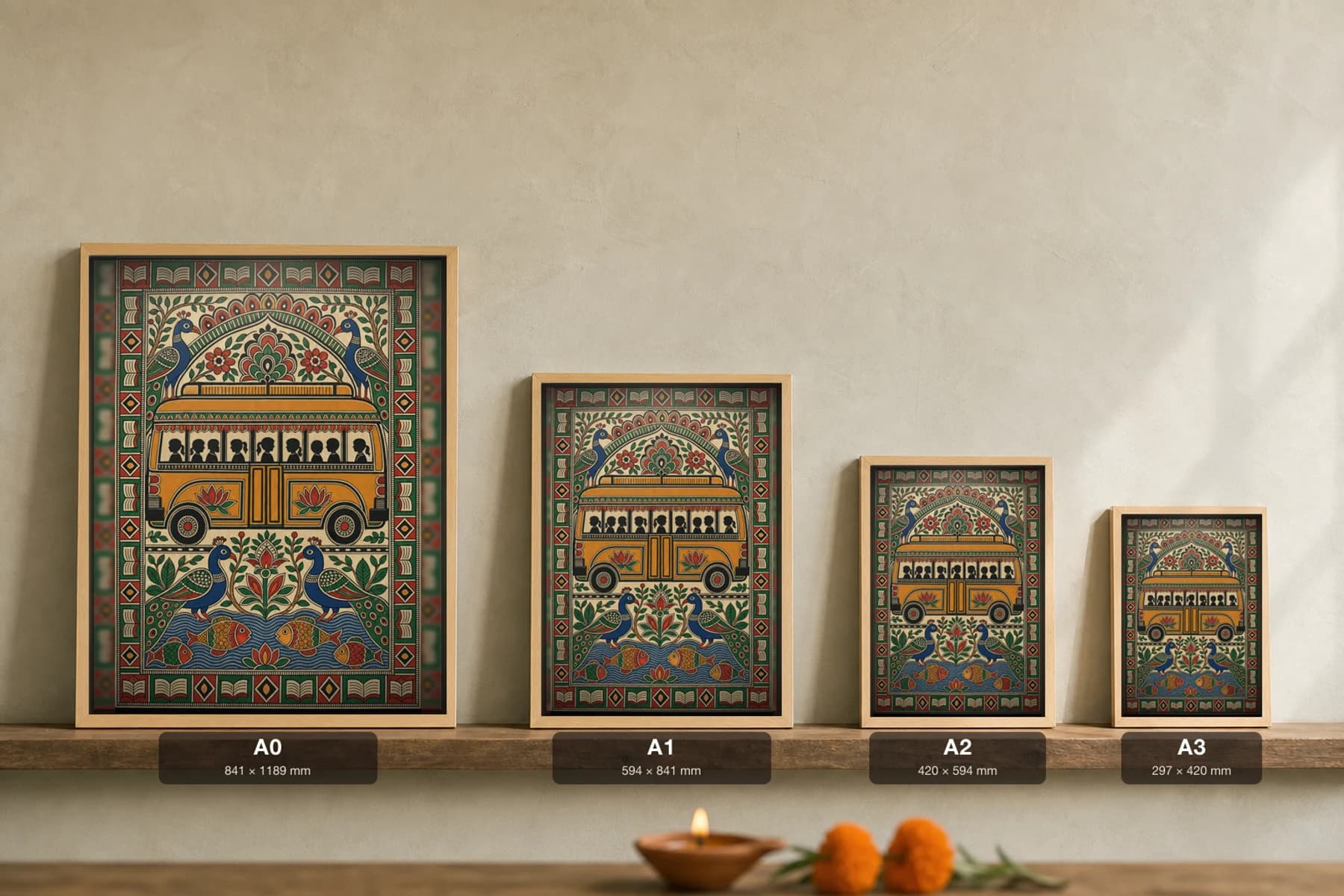Rural School Bus Madhubani Poster — bharni Mithila folk art wall decor · framed A2 · Mithila (Bihar) grammar applied to Madhya Pradesh rural education and village-to-school transit — print size guide showing the artwork at A0, A1, A2 and A3 in natural-oak frames at true relative scale