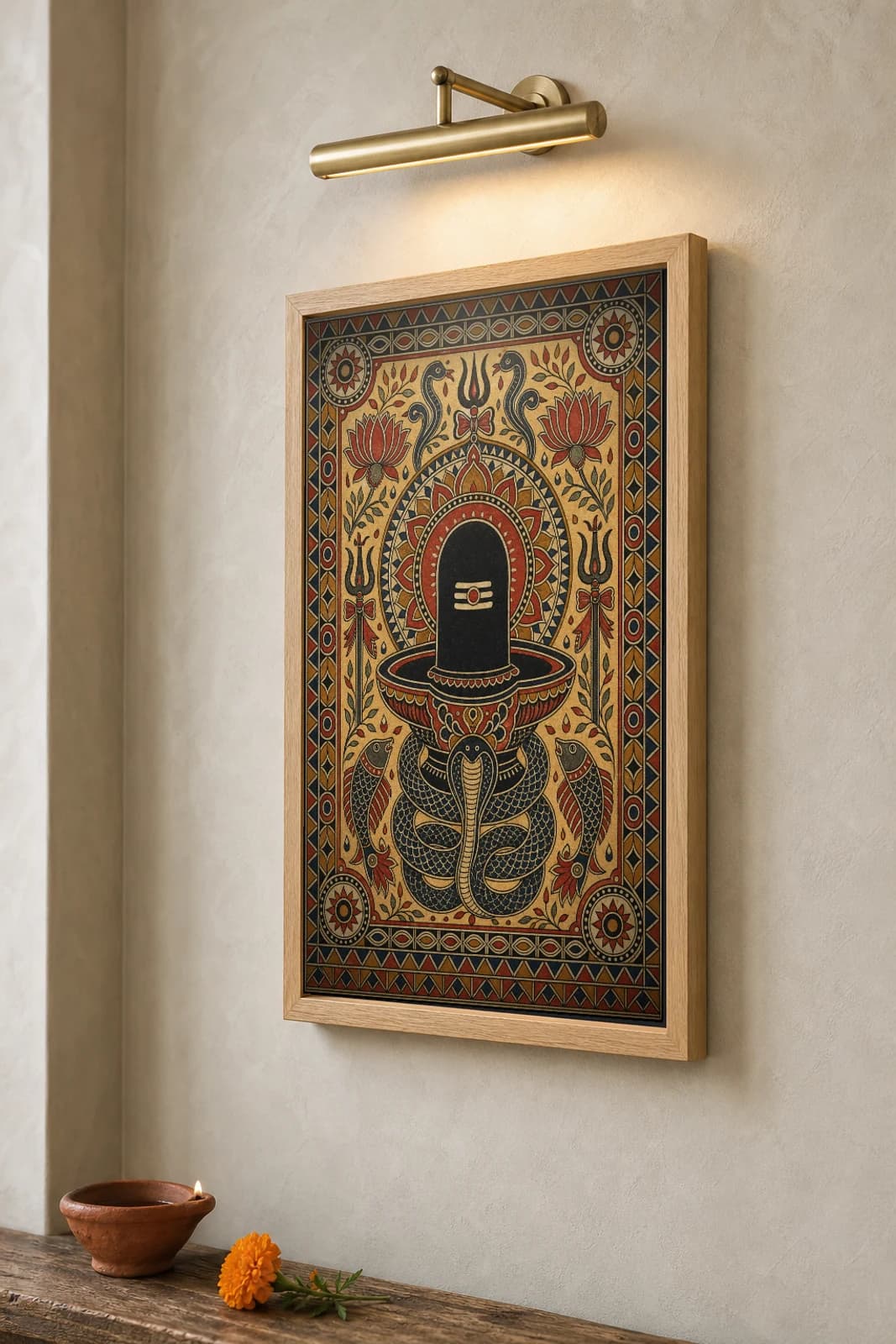 Shiva Lingam Madhubani Poster — classical Mithila folk art wall decor · framed A2 · Darbhanga, Mithila, Bihar — the framed print shown at a three-quarter angle on a styled gallery wall in a natural-oak frame