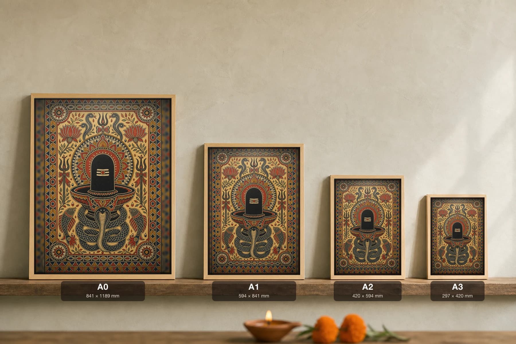 Shiva Lingam Madhubani Poster — classical Mithila folk art wall decor · framed A2 · Darbhanga, Mithila, Bihar — print size guide showing the artwork at A0, A1, A2 and A3 in natural-oak frames at true relative scale