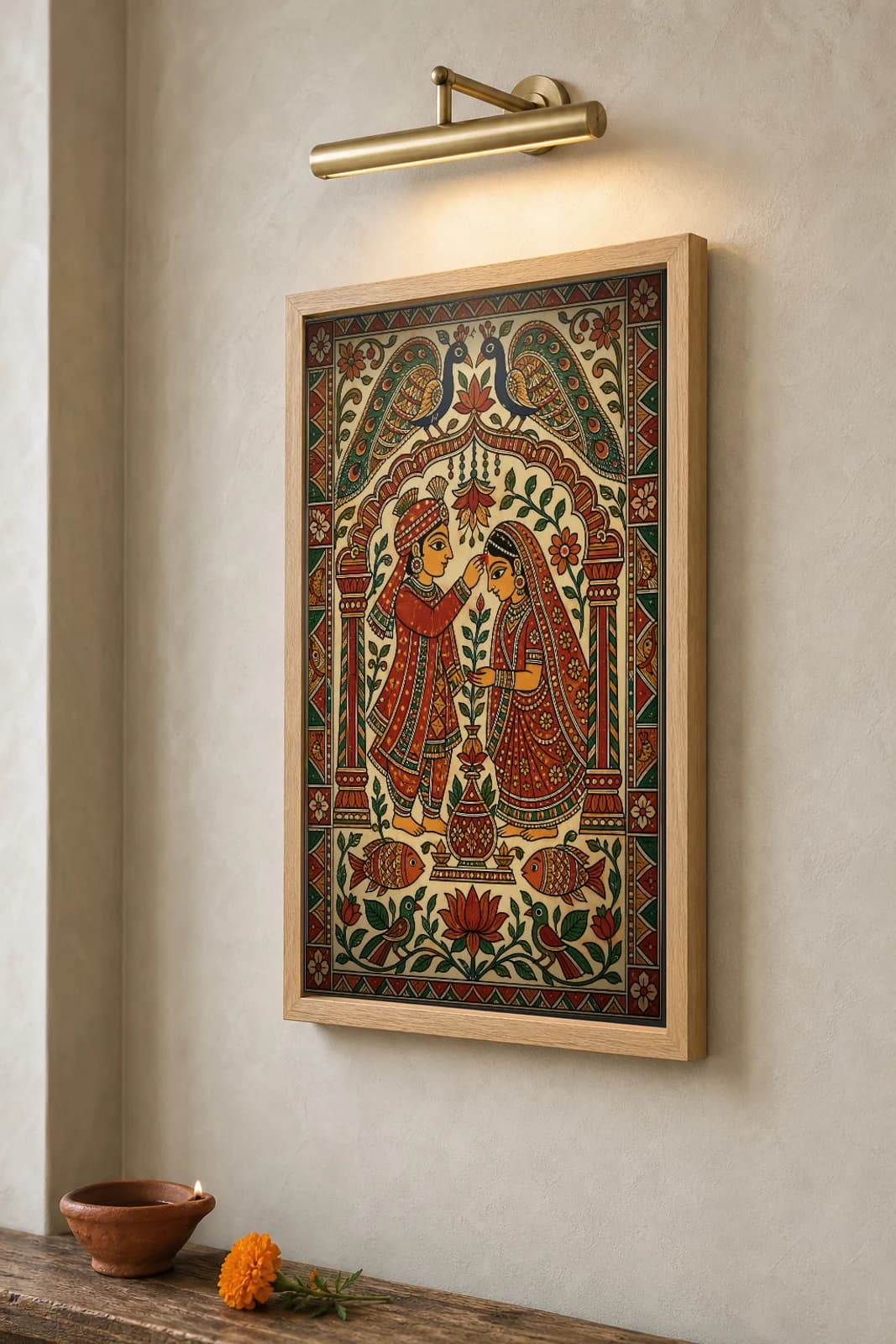 Sindoor Bride Madhubani Poster — kohbar Mithila folk art wall decor · framed A2 · Madhubani, Mithila, Bihar — the framed print shown at a three-quarter angle on a styled gallery wall in a natural-oak frame