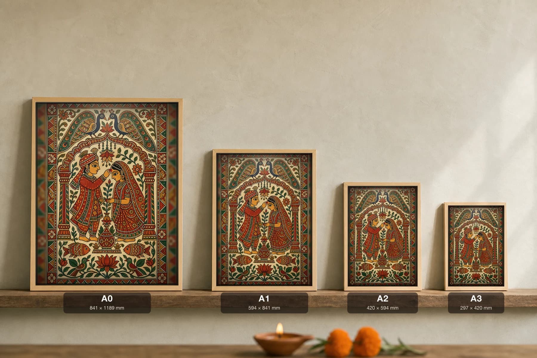 Sindoor Bride Madhubani Poster — kohbar Mithila folk art wall decor · framed A2 · Madhubani, Mithila, Bihar — print size guide showing the artwork at A0, A1, A2 and A3 in natural-oak frames at true relative scale