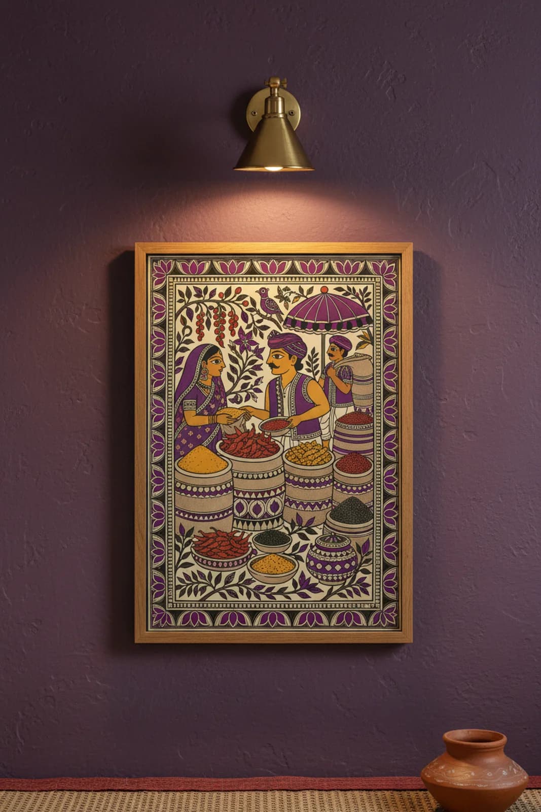Spice Market Madhubani print in natural_oak A2 frame on royal-purple terracotta limewash wall — Mithila folk art mockup