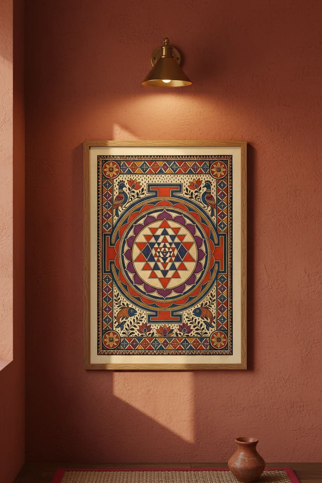 Sri Yantra Tantrik Madhubani print in natural_oak A2 frame on vermillion-red terracotta limewash wall — Mithila folk art mockup
