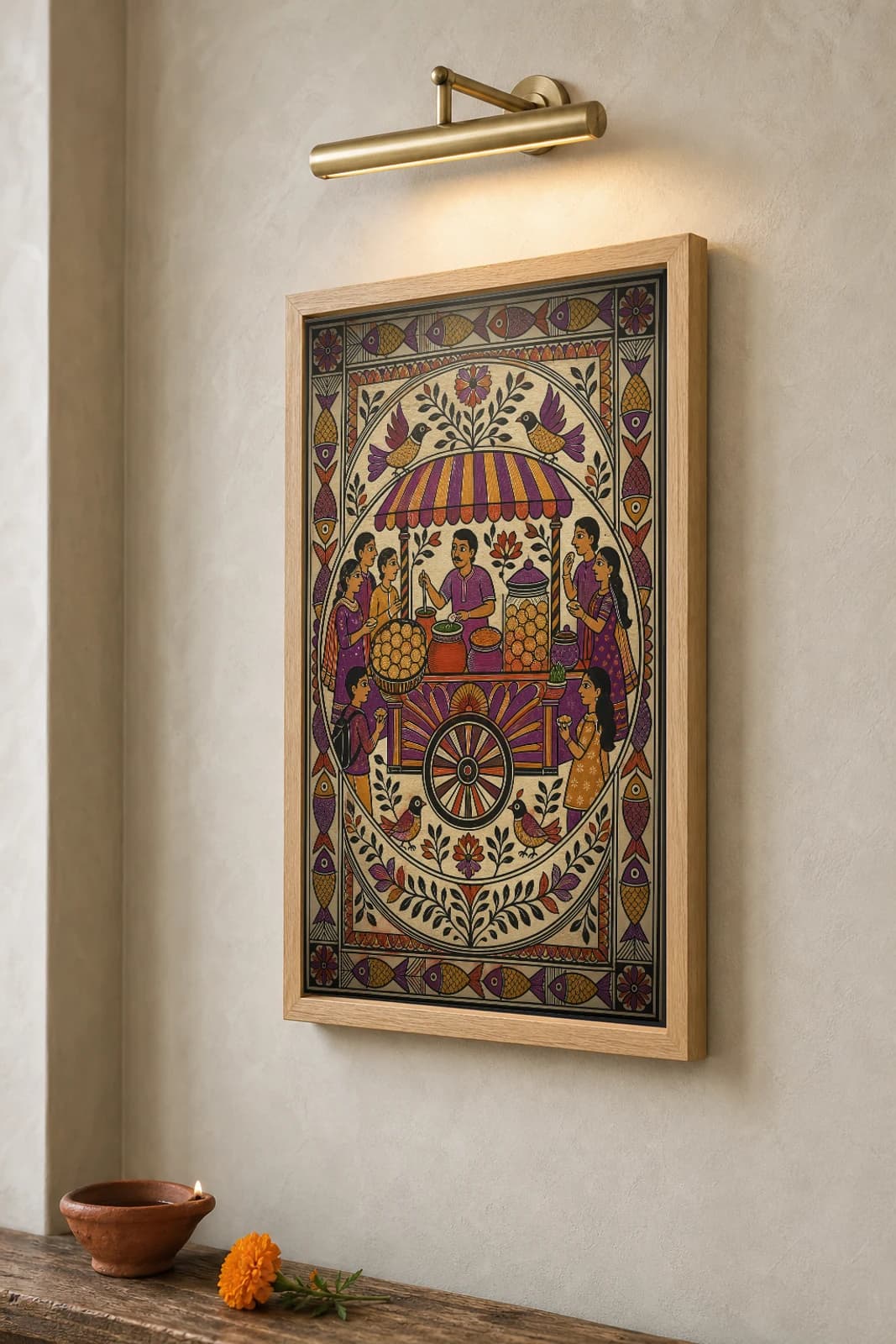 Delhi Pani Puri Street Cart Madhubani Poster — bharni Mithila folk art wall decor · framed A2 · Mithila (Bihar) grammar applied to Delhi street-food culture and chaat-cart ritual — the framed print shown at a three-quarter angle on a styled gallery wall in a natural-oak frame