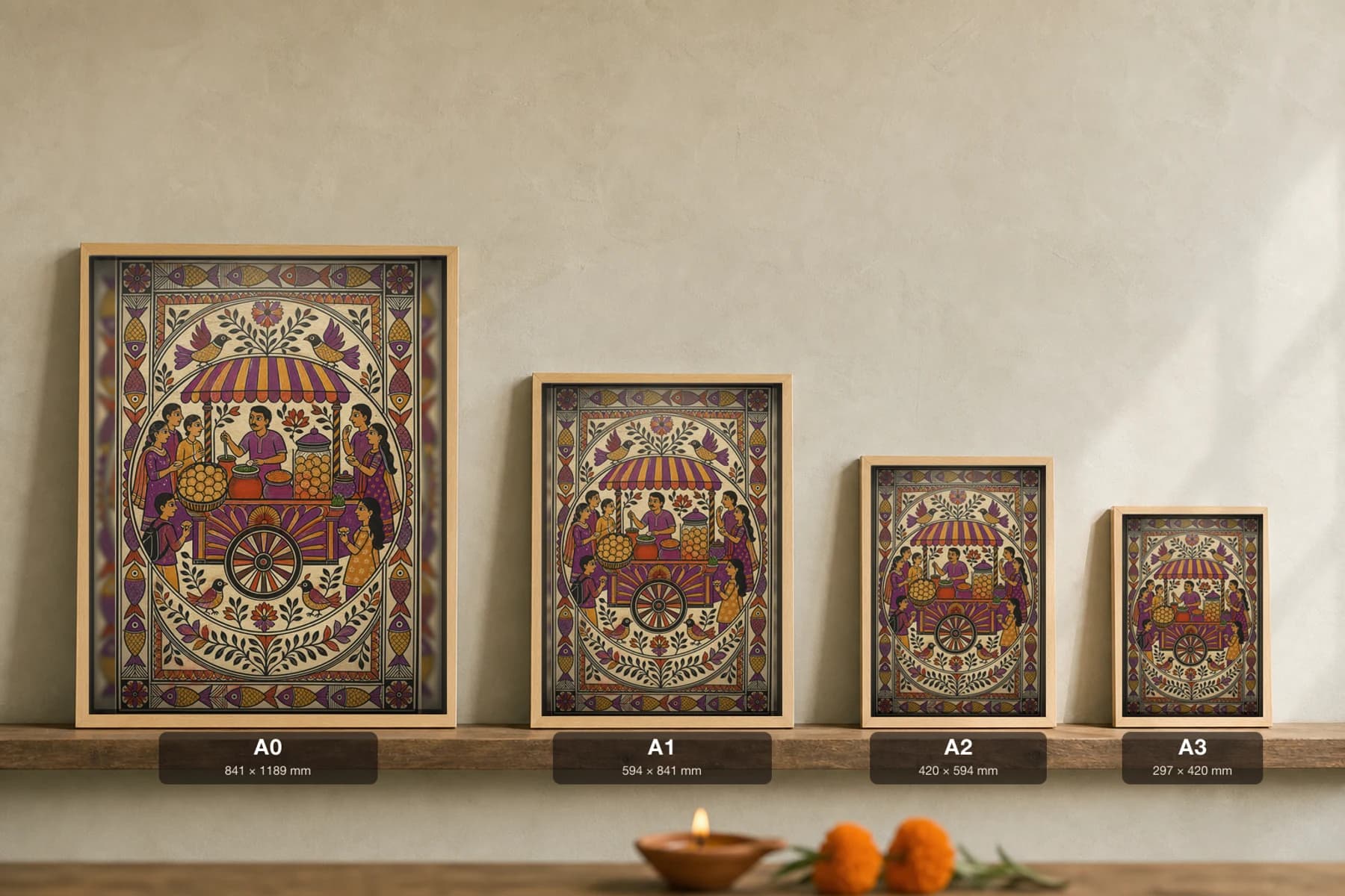 Delhi Pani Puri Street Cart Madhubani Poster — bharni Mithila folk art wall decor · framed A2 · Mithila (Bihar) grammar applied to Delhi street-food culture and chaat-cart ritual — print size guide showing the artwork at A0, A1, A2 and A3 in natural-oak frames at true relative scale