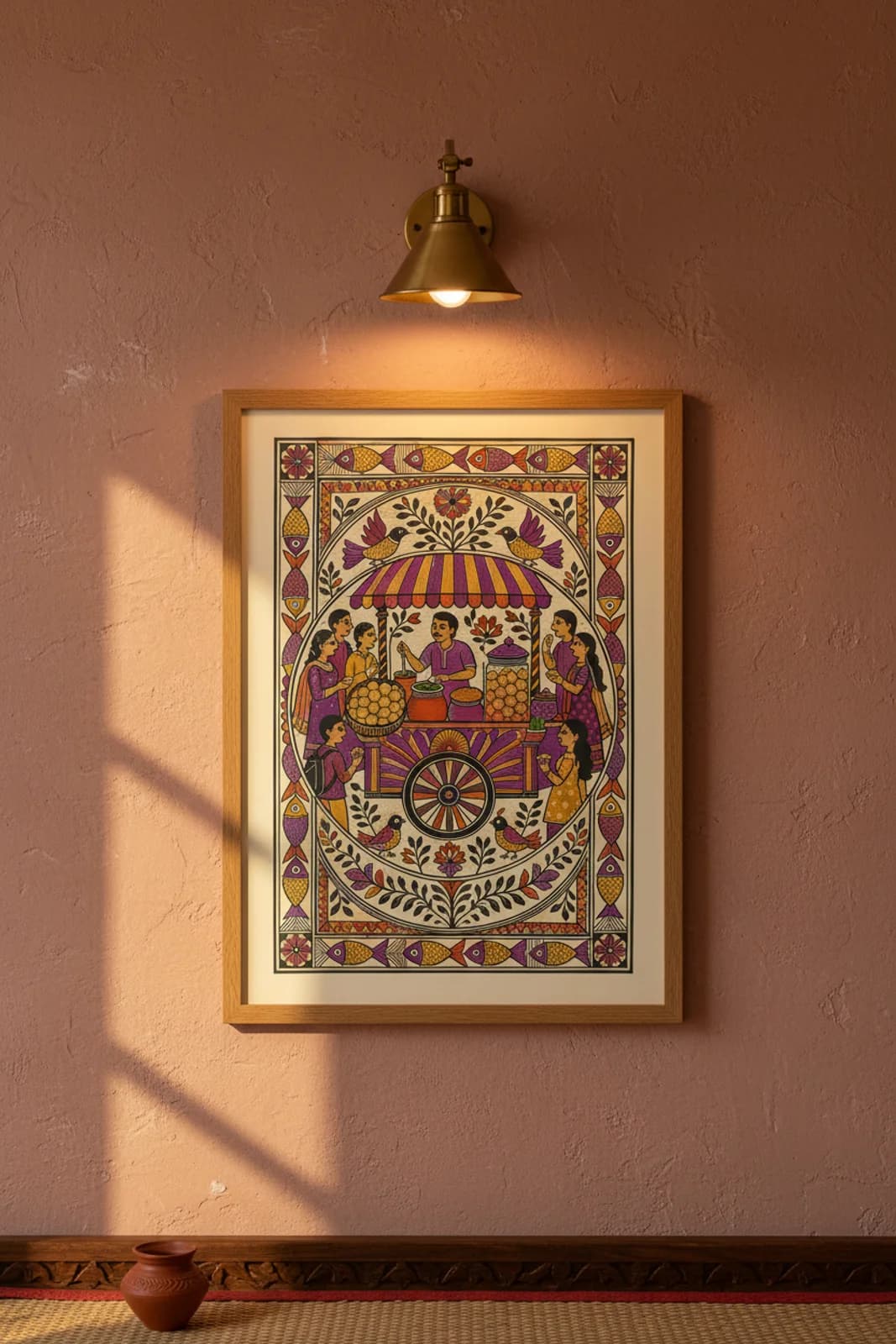 Pani Puri Street Food Madhubani print in natural_oak A2 frame on plum-purple terracotta limewash wall — Mithila folk art mockup