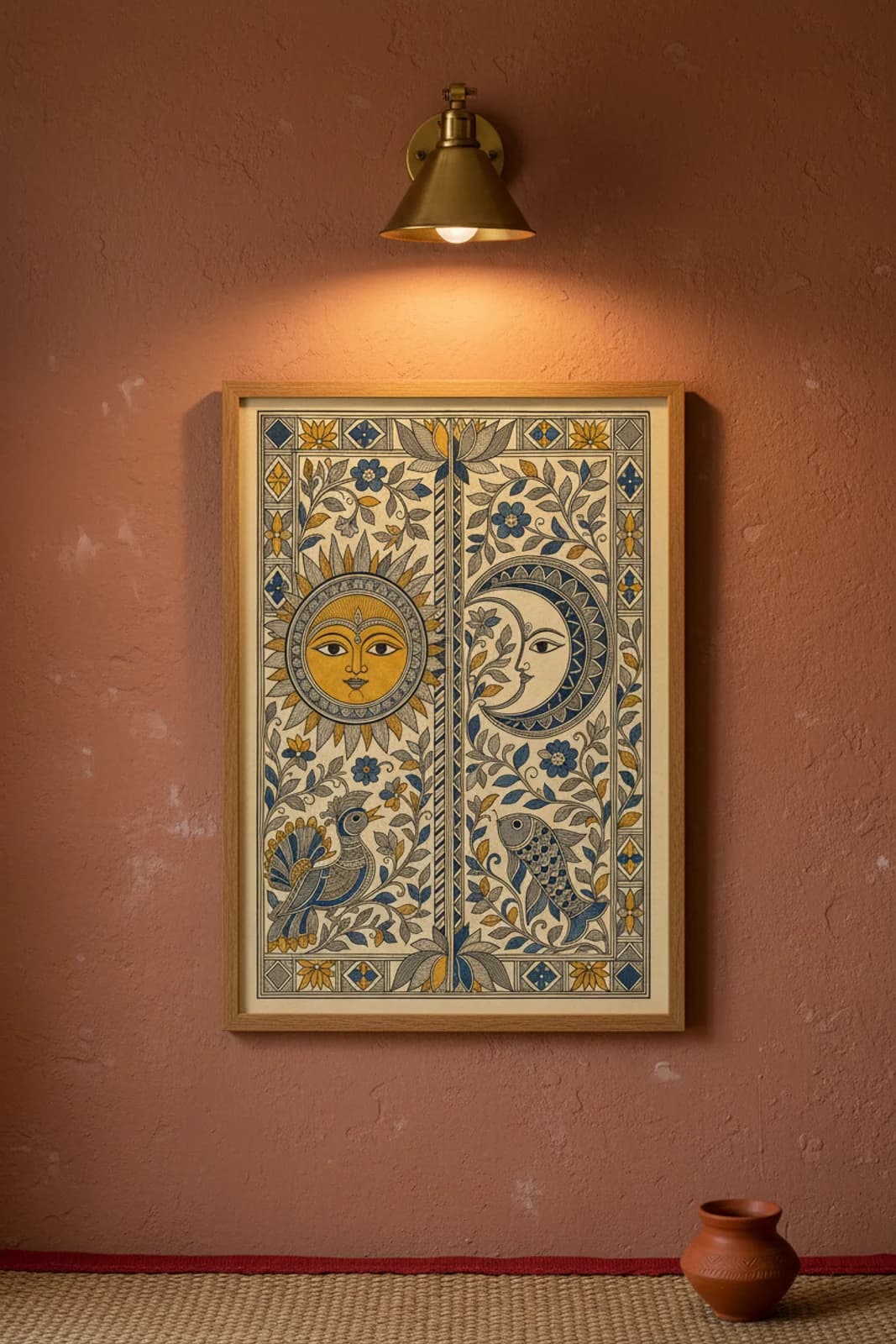 Sun and Moon Madhubani print in natural_oak A2 frame on lamp-black terracotta limewash wall — Mithila folk art mockup