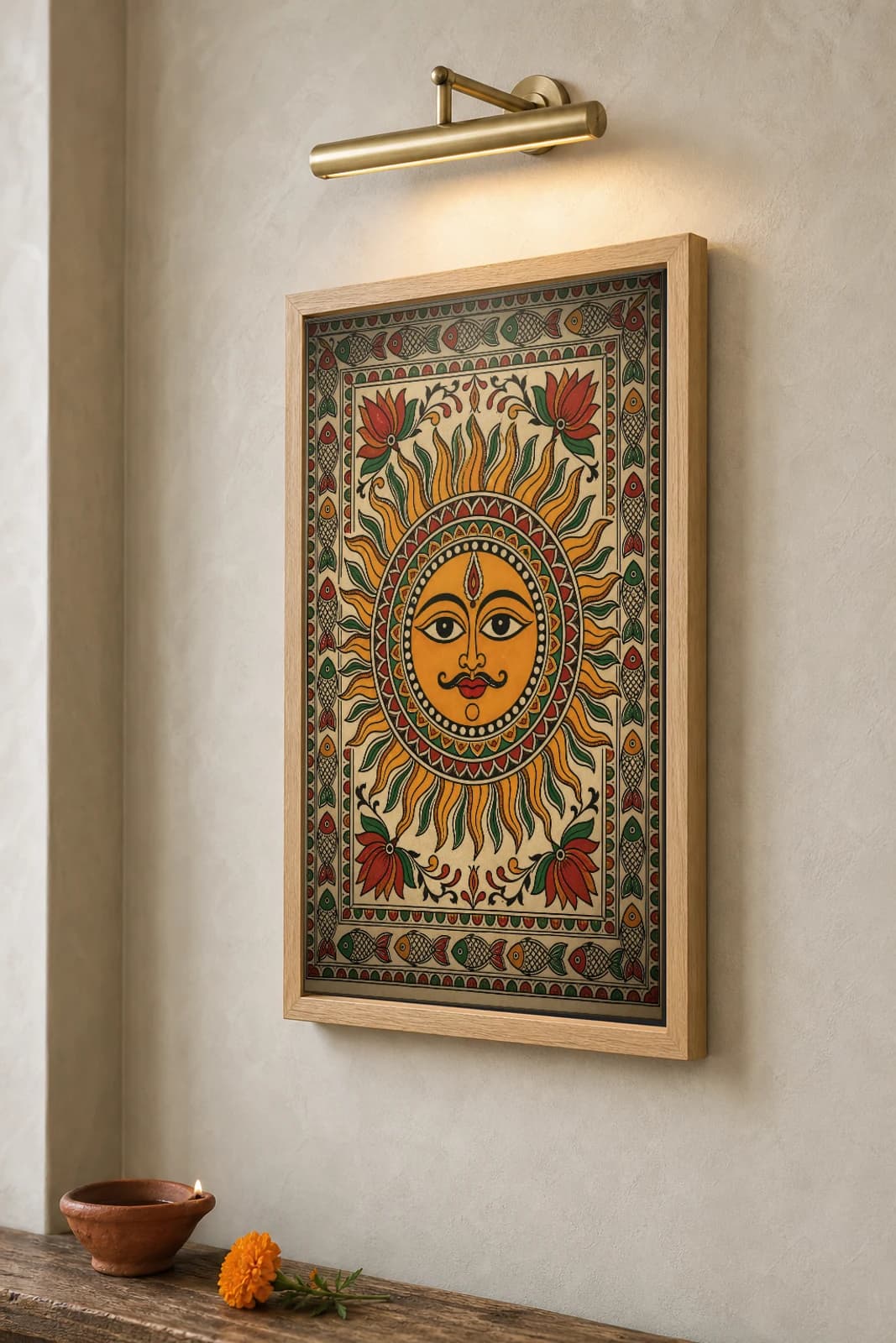 Sun Radiance Madhubani Poster — bharni Mithila folk art wall decor · framed A2 · Ranti, Mithila, Bihar — the framed print shown at a three-quarter angle on a styled gallery wall in a natural-oak frame