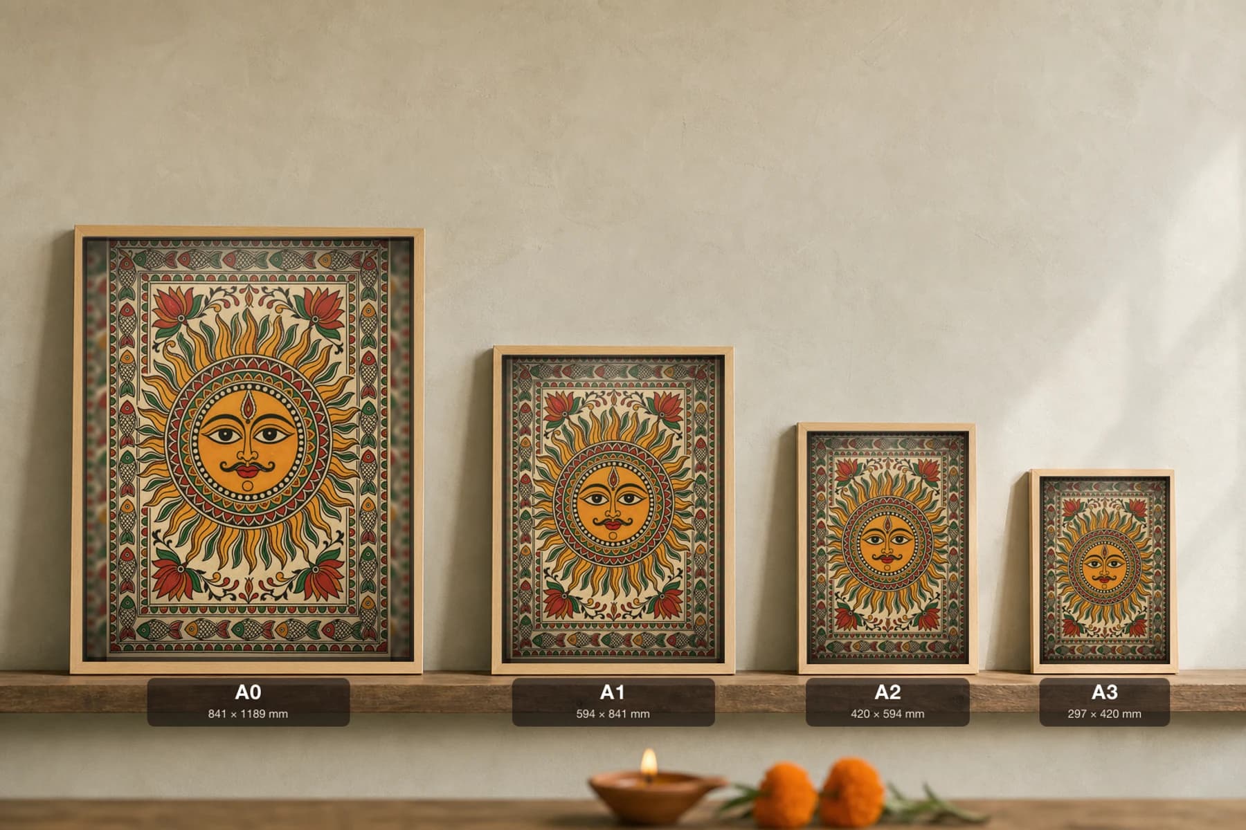 Sun Radiance Madhubani Poster — bharni Mithila folk art wall decor · framed A2 · Ranti, Mithila, Bihar — print size guide showing the artwork at A0, A1, A2 and A3 in natural-oak frames at true relative scale