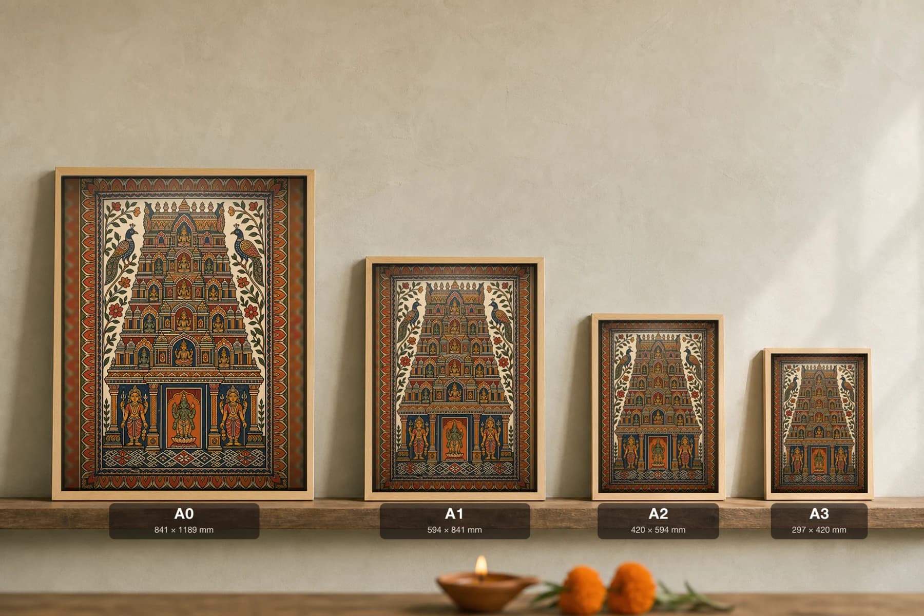 Temple Gopuram Madhubani Poster — bharni Mithila folk art wall decor · framed A2 · Tamil Nadu (subject) — print size guide showing the artwork at A0, A1, A2 and A3 in natural-oak frames at true relative scale
