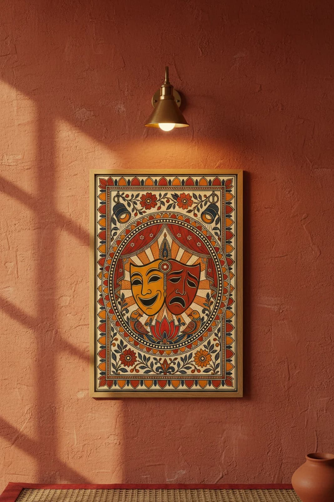 Theatre Mask Fusion Madhubani print in natural_oak A2 frame on vermillion-red terracotta limewash wall — Mithila folk art mockup