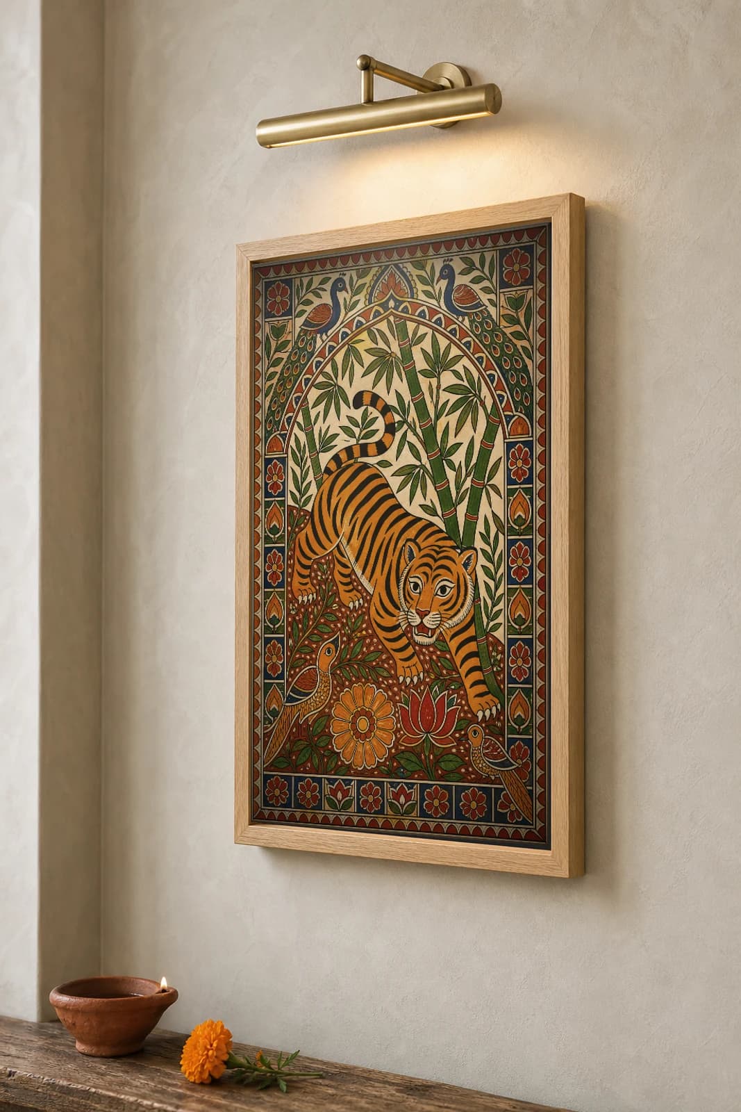 Tiger Forest Madhubani Poster — bharni Mithila folk art wall decor · framed A2 · Jitwarpur, Mithila, Bihar — the framed print shown at a three-quarter angle on a styled gallery wall in a natural-oak frame