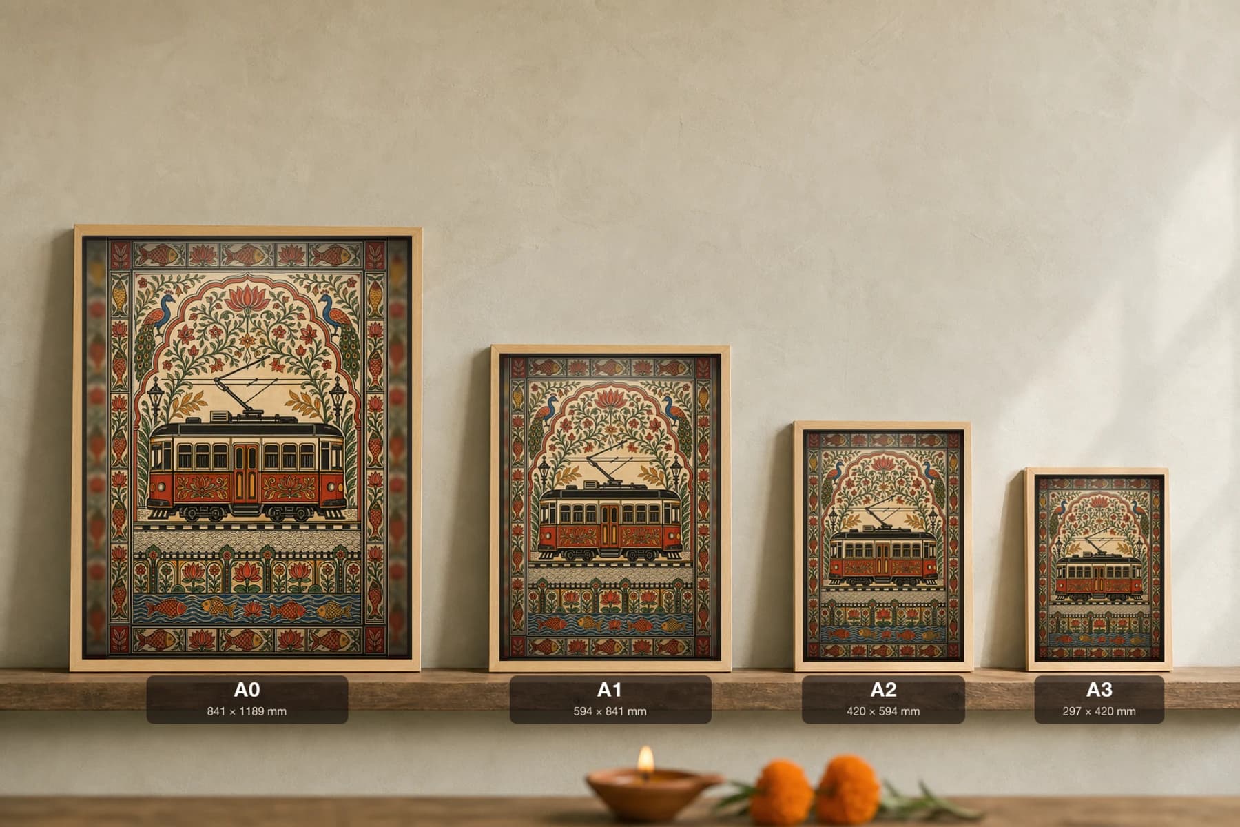 Kolkata Heritage Tram Madhubani Poster — bharni Mithila folk art wall decor · framed A2 · Mithila (Bihar) grammar applied to Kolkata colonial tramway and Hooghly riverine street culture — print size guide showing the artwork at A0, A1, A2 and A3 in natural-oak frames at true relative scale