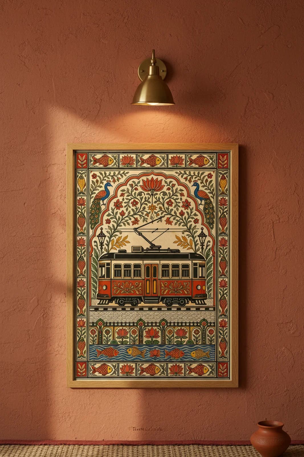 Tram Kolkata Madhubani print in natural_oak A2 frame on terracotta-vermillion terracotta limewash wall — Mithila folk art mockup