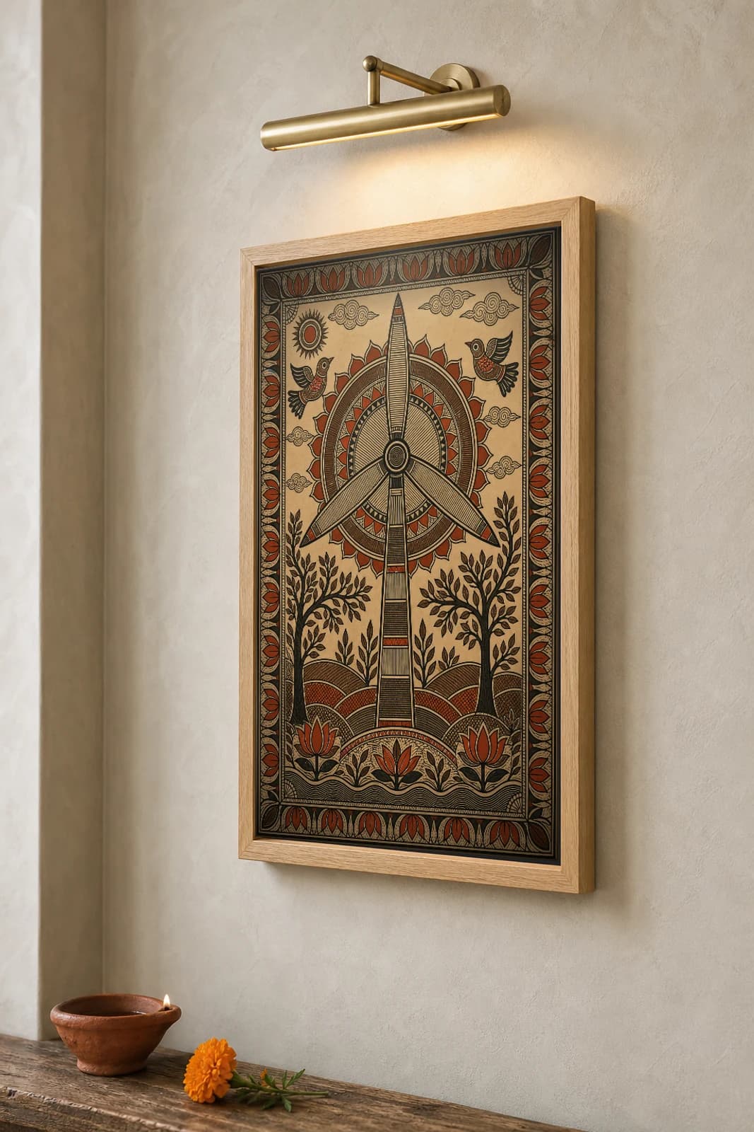 Wind Turbine Sun Halo Madhubani Poster — kachni Mithila folk art wall decor · framed A2 · Mithila (Bihar) grammar applied to Gujarat renewable-energy landscape theme — the framed print shown at a three-quarter angle on a styled gallery wall in a natural-oak frame
