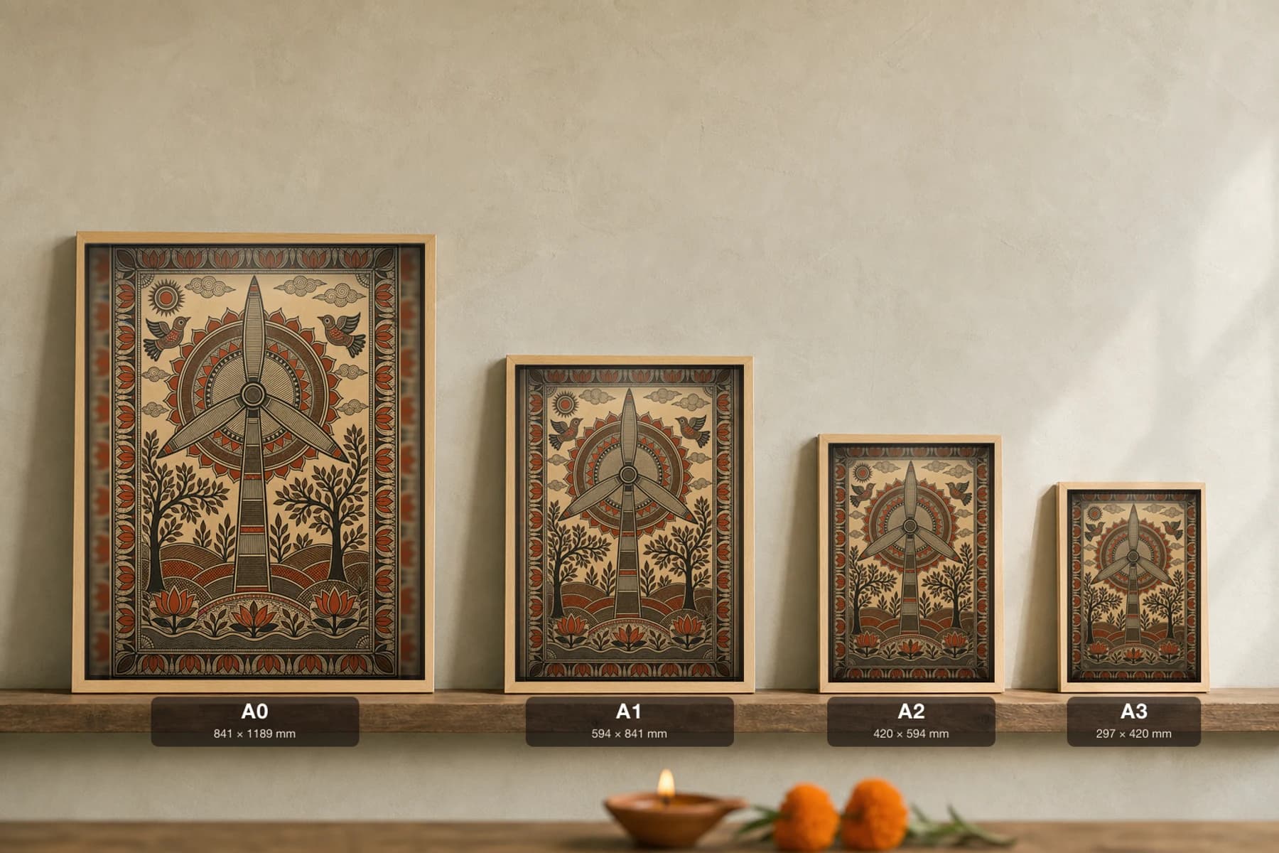 Wind Turbine Sun Halo Madhubani Poster — kachni Mithila folk art wall decor · framed A2 · Mithila (Bihar) grammar applied to Gujarat renewable-energy landscape theme — print size guide showing the artwork at A0, A1, A2 and A3 in natural-oak frames at true relative scale