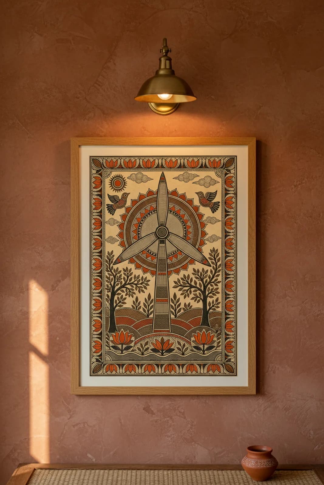 Wind Turbine Madhubani print in natural_oak A2 frame on lamp-black terracotta limewash wall — Mithila folk art mockup