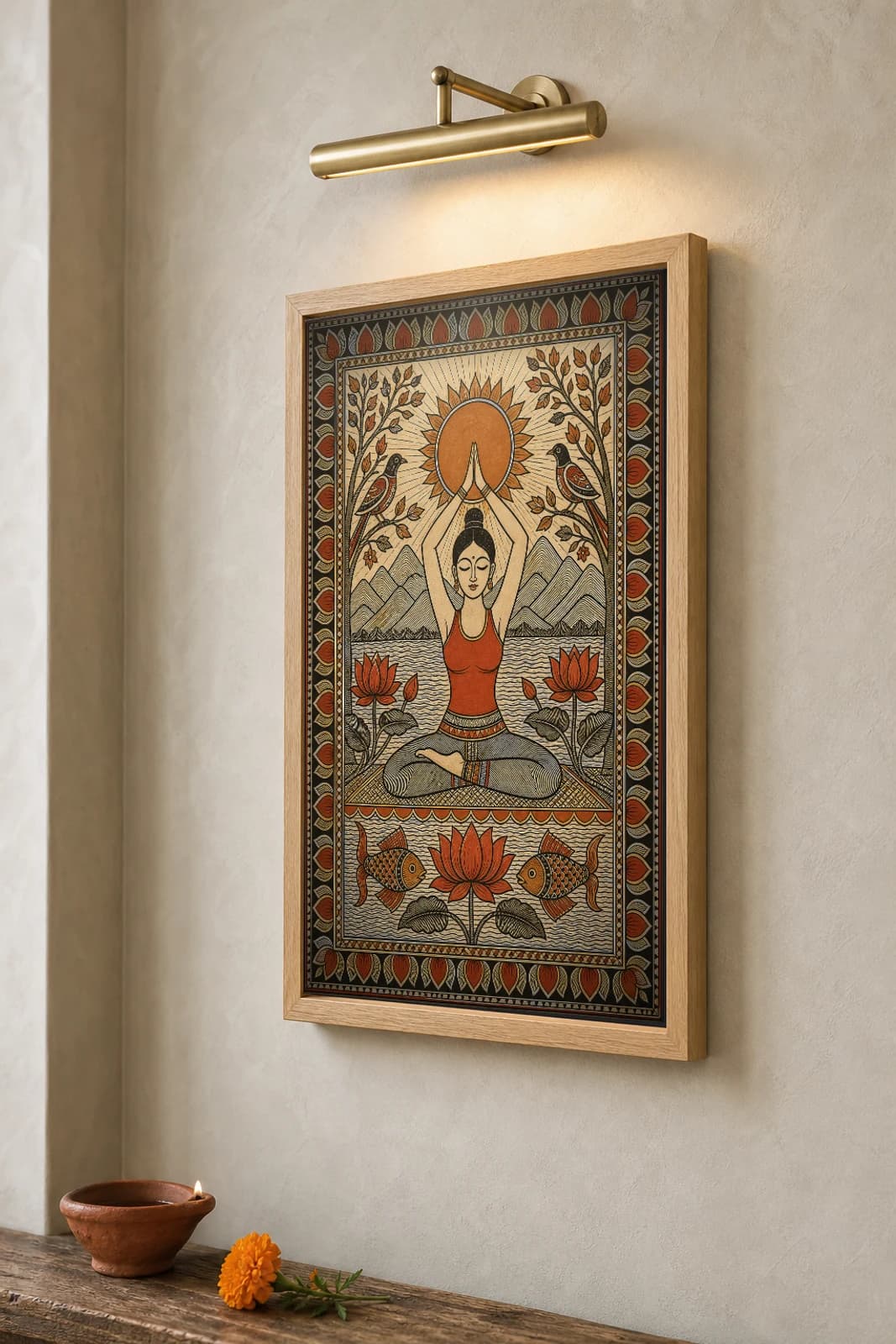 Yoga Sunrise Madhubani Poster — kachni Mithila folk art wall decor · framed A2 · Rishikesh, Uttarakhand (wellness and Ganga ghats) — the framed print shown at a three-quarter angle on a styled gallery wall in a natural-oak frame