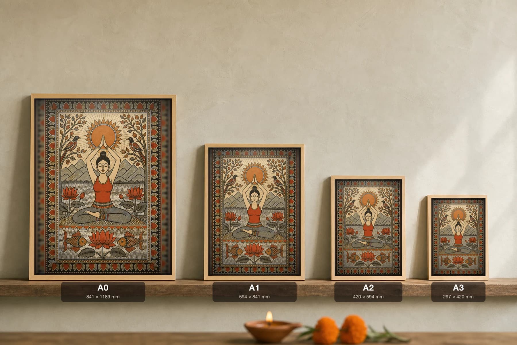 Yoga Sunrise Madhubani Poster — kachni Mithila folk art wall decor · framed A2 · Rishikesh, Uttarakhand (wellness and Ganga ghats) — print size guide showing the artwork at A0, A1, A2 and A3 in natural-oak frames at true relative scale