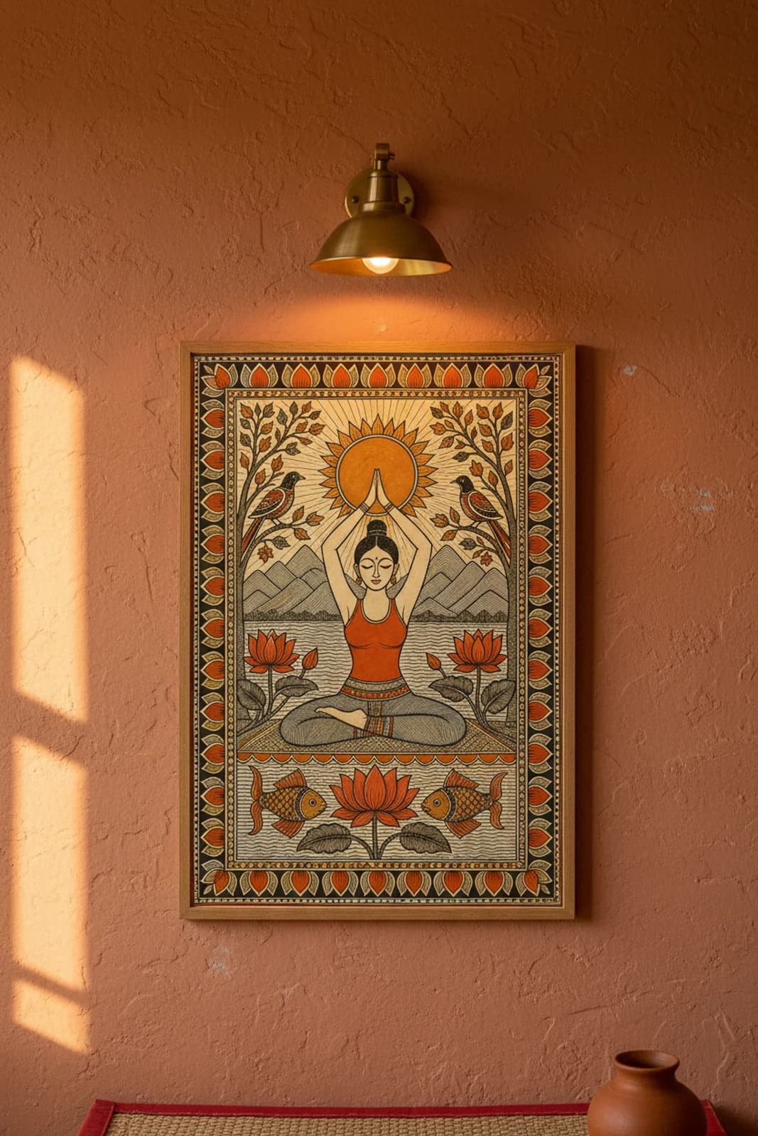 Yoga Sunrise Madhubani print in natural_oak A2 frame on vermillion-orange terracotta limewash wall — Mithila folk art mockup