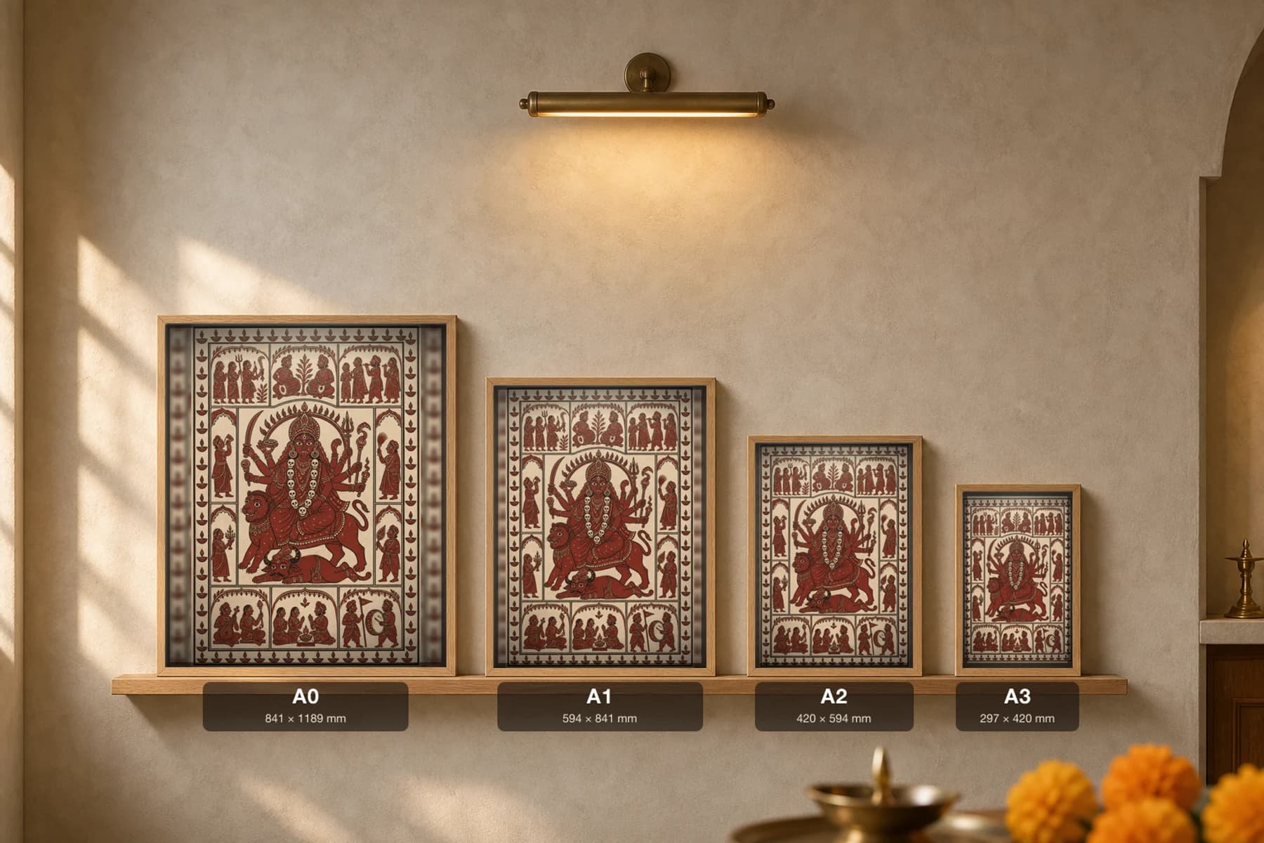 Chamunda Mata over the Buffalo-Demon — Mata ni Pachedi shrine-cloth art print · the fierce slayer-goddess of Chotila with her skull garland, on the lion above the fallen demon · madder-red, iron-black, cream cotton · collector edition — print size guide showing the artwork at A0, A1, A2 and A3 in natural-oak frames at true relative scale