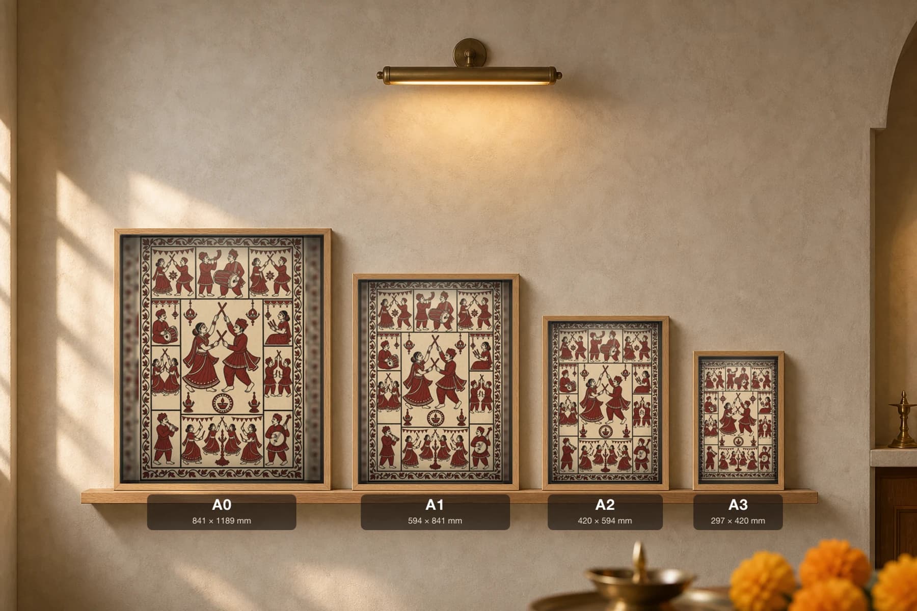 Dandiya Raas — Mata ni Pachedi-style art print · paired stick-dancers striking dandiya overhead, told in shrine-cloth grammar · madder-red, iron-black, warm ecru cotton · collector edition — print size guide showing the artwork at A0, A1, A2 and A3 in natural-oak frames at true relative scale