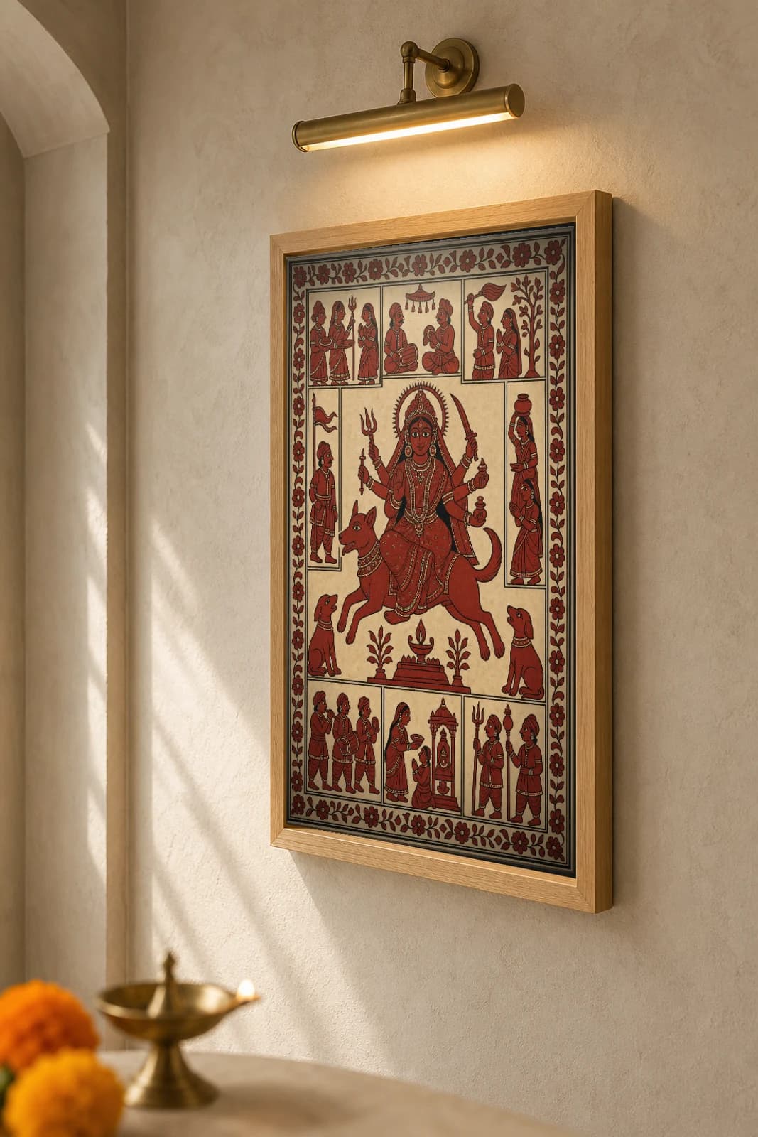 Hadkai Mata on the Dog — Mata ni Pachedi shrine-cloth art print · the goddess who wards off the rabid bite, astride her dog with guardian dogs below · madder-red, iron-black, warm cream cotton · collector edition — the framed print shown at a three-quarter angle on a styled gallery wall in a natural-oak frame