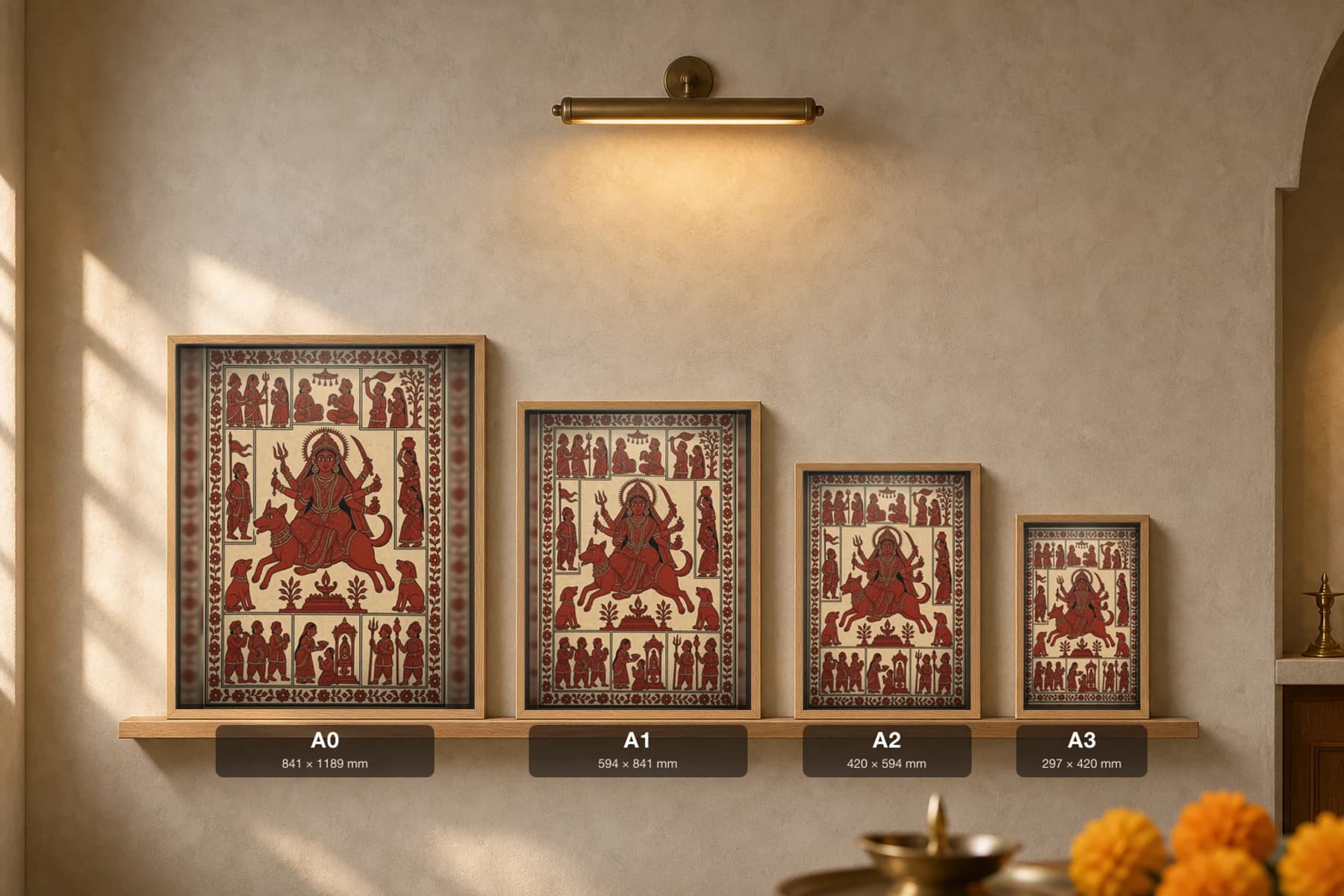 Hadkai Mata on the Dog — Mata ni Pachedi shrine-cloth art print · the goddess who wards off the rabid bite, astride her dog with guardian dogs below · madder-red, iron-black, warm cream cotton · collector edition — print size guide showing the artwork at A0, A1, A2 and A3 in natural-oak frames at true relative scale