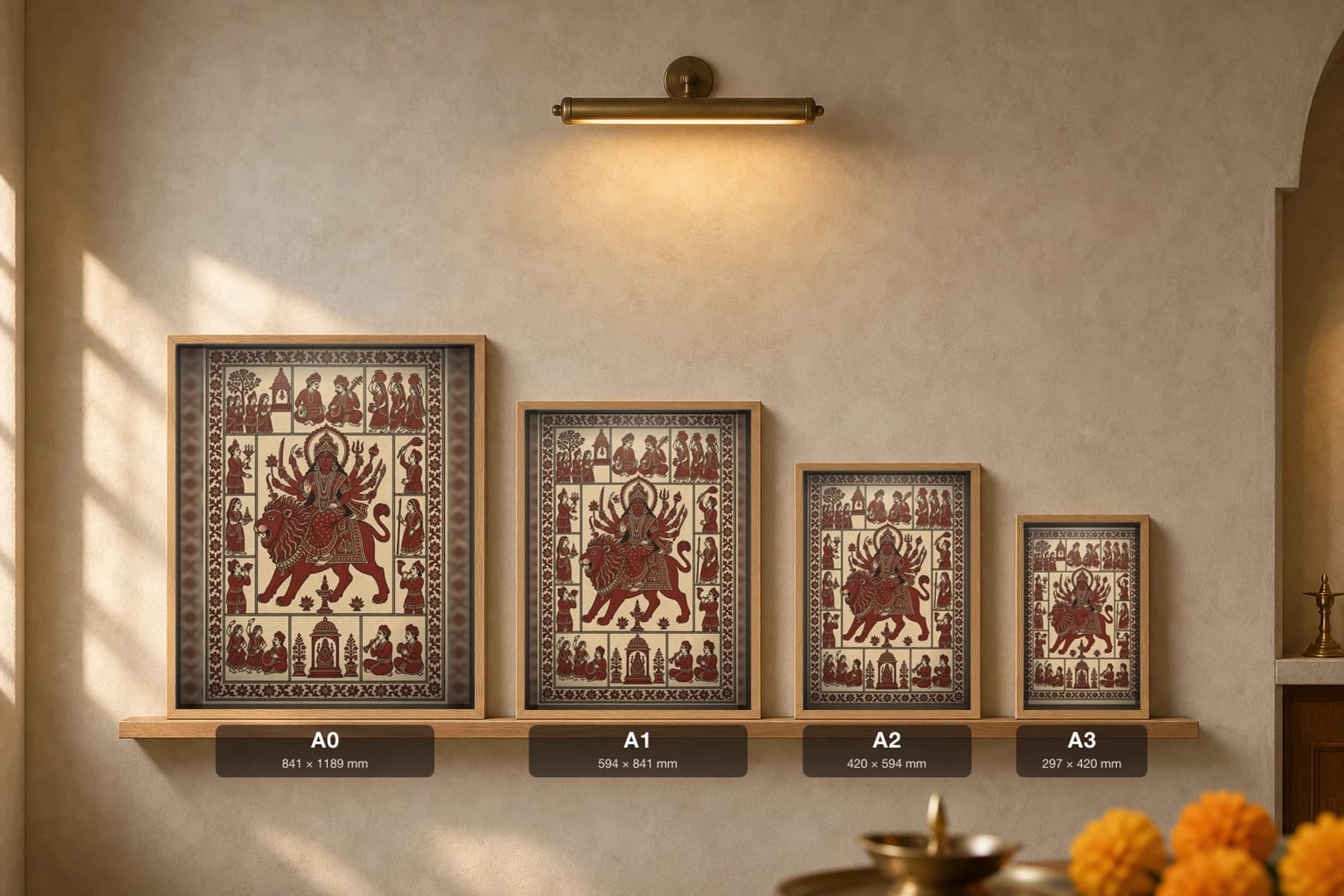 The Lion Vahana — Mata ni Pachedi shrine cloth · eight-armed Mother Goddess astride her striding lion, ringed by devotee and musician panels in madder red on cream cotton — print size guide showing the artwork at A0, A1, A2 and A3 in natural-oak frames at true relative scale