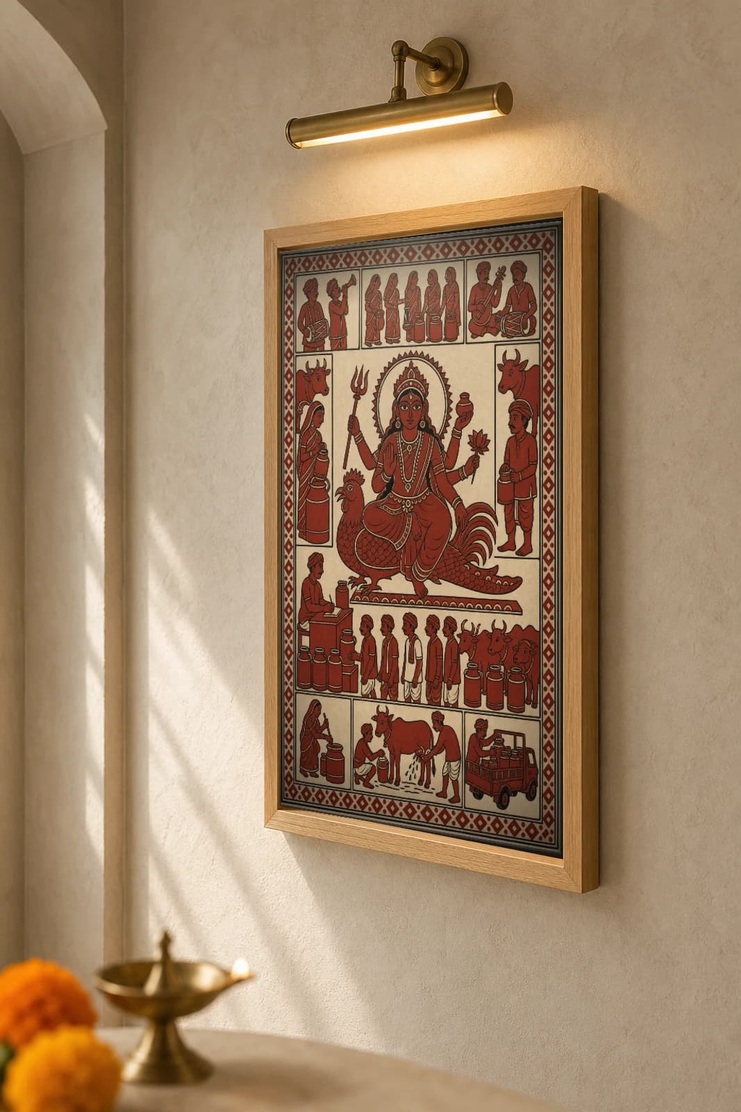 The Milk Cooperative — Mata ni Pachedi shrine cloth · the Mother Goddess on her cockerel above the village dairy, cans queued and a milk truck waiting, in madder red on cream cotton — the framed print shown at a three-quarter angle on a styled gallery wall in a natural-oak frame