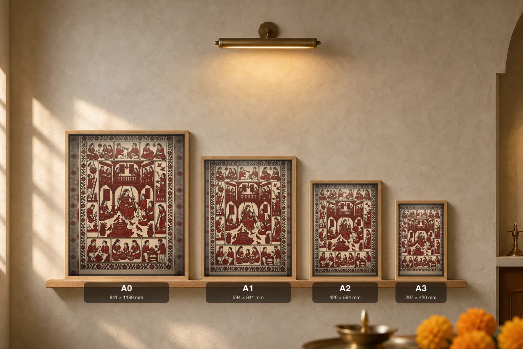 The Pol Courtyard — Mata ni Pachedi shrine cloth · an old Ahmedabad pol house with a carved balcony, a courtyard swing, a bird-feeder well and family at work, in madder red on cream cotton — print size guide showing the artwork at A0, A1, A2 and A3 in natural-oak frames at true relative scale
